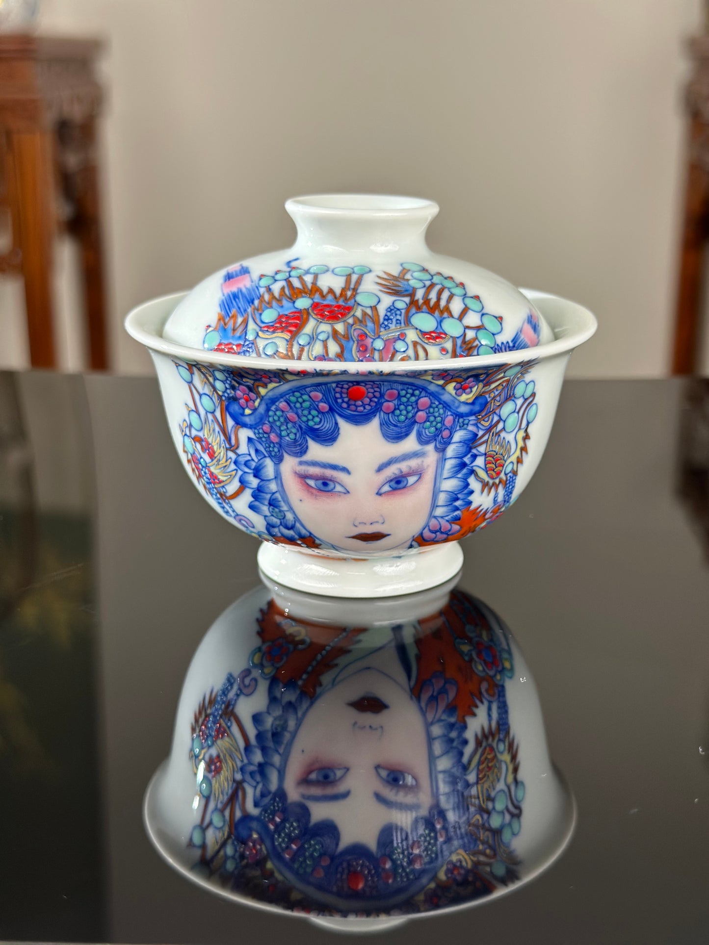 Handpainted Beijing Opera Portrait Pattern Chinese Jingdezhen Doucai Master Fine China Gaiwan Teacup Set