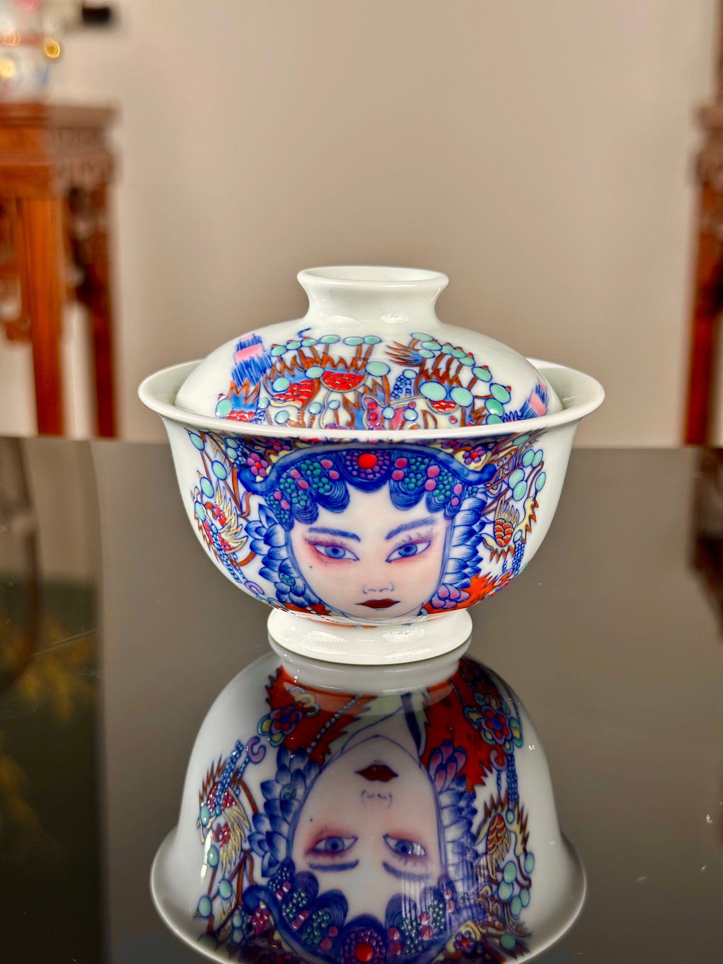 Handpainted Beijing Opera Portrait Pattern Chinese Jingdezhen Doucai Master Fine China Gaiwan Teacup Set