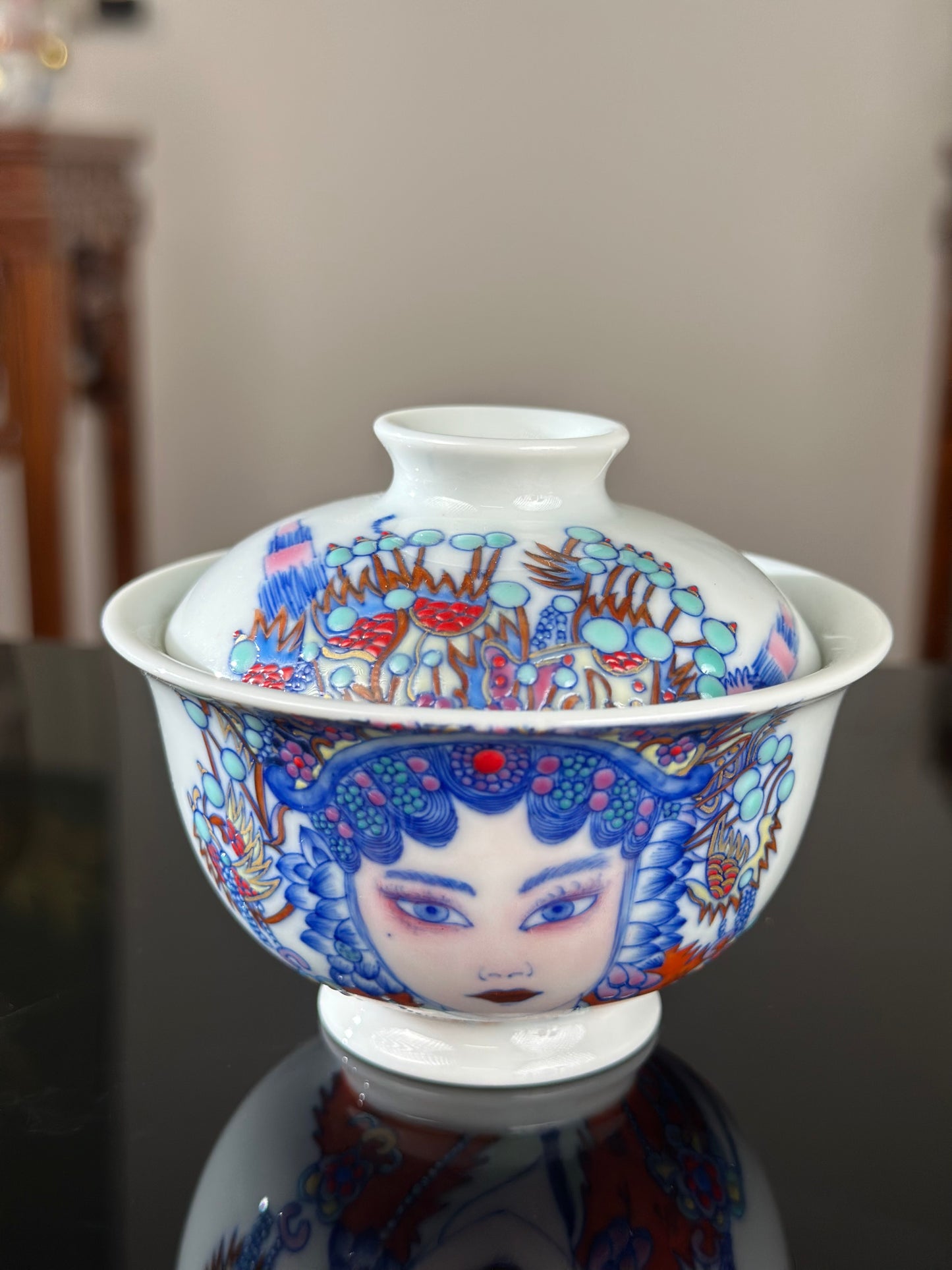 Handpainted Beijing Opera Portrait Pattern Chinese Jingdezhen Doucai Master Fine China Gaiwan Teacup Set