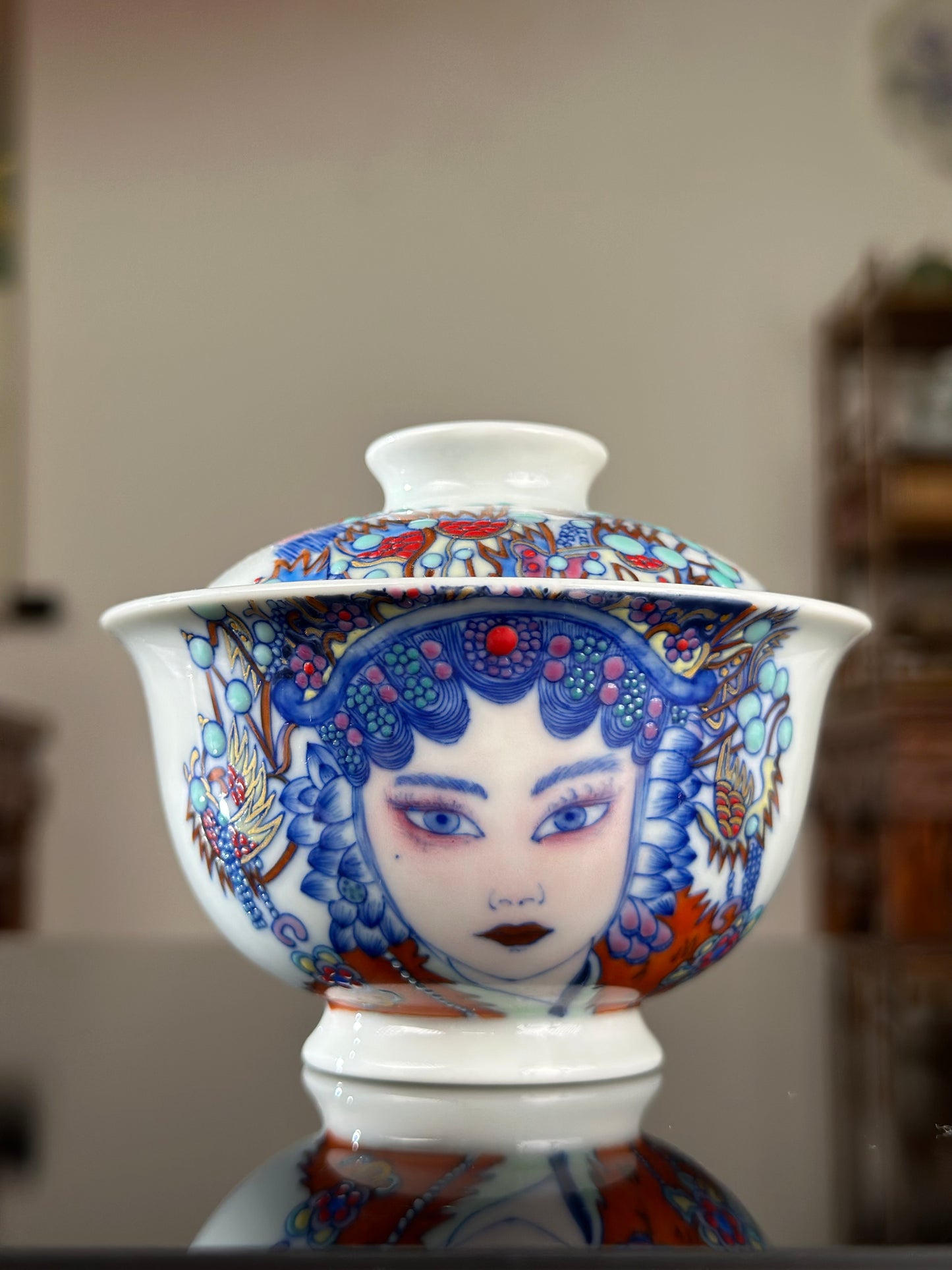 Handpainted Beijing Opera Portrait Pattern Chinese Jingdezhen Doucai Master Fine China Gaiwan Teacup Set