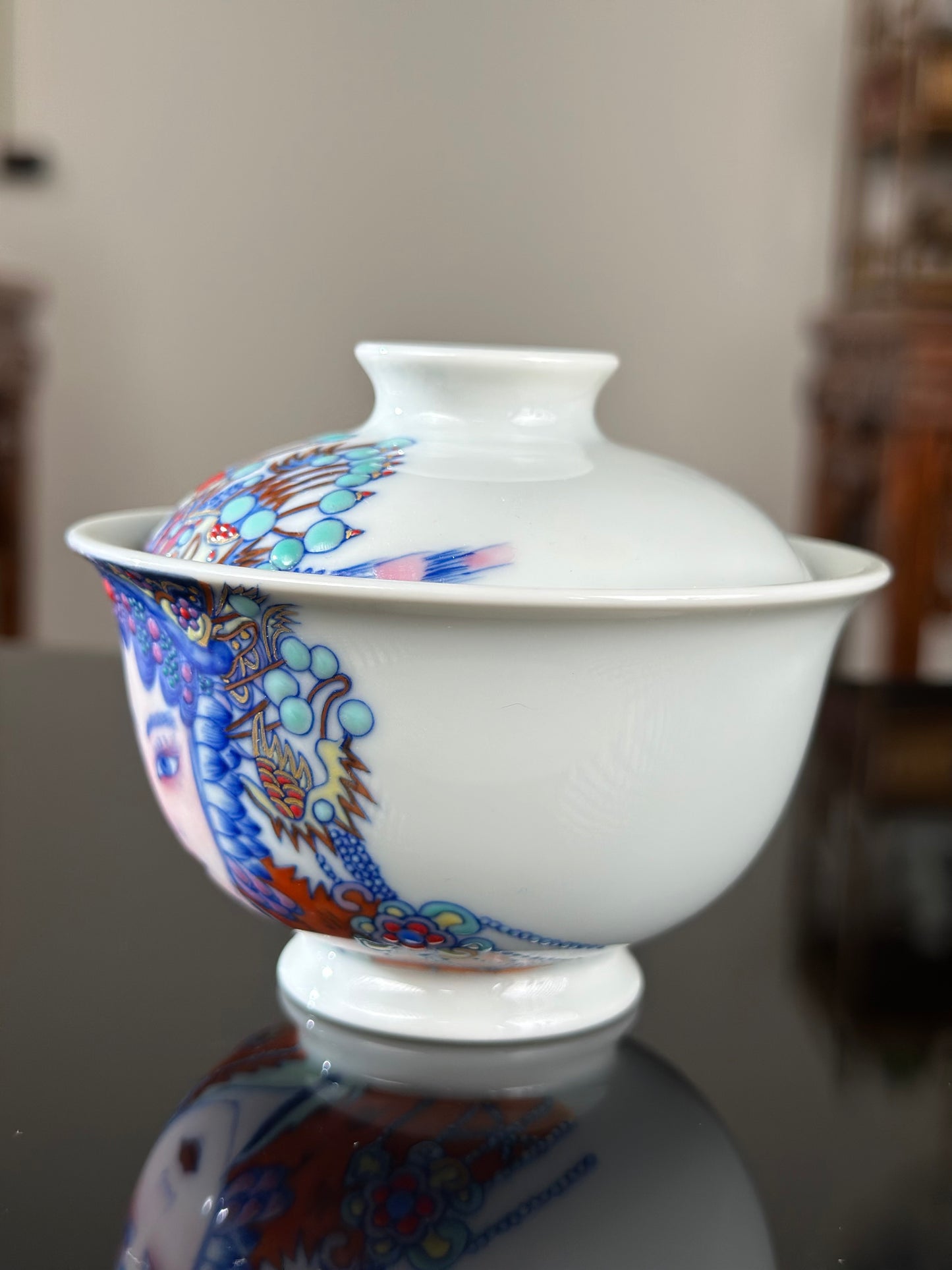 Handpainted Beijing Opera Portrait Pattern Chinese Jingdezhen Doucai Master Fine China Gaiwan Teacup Set