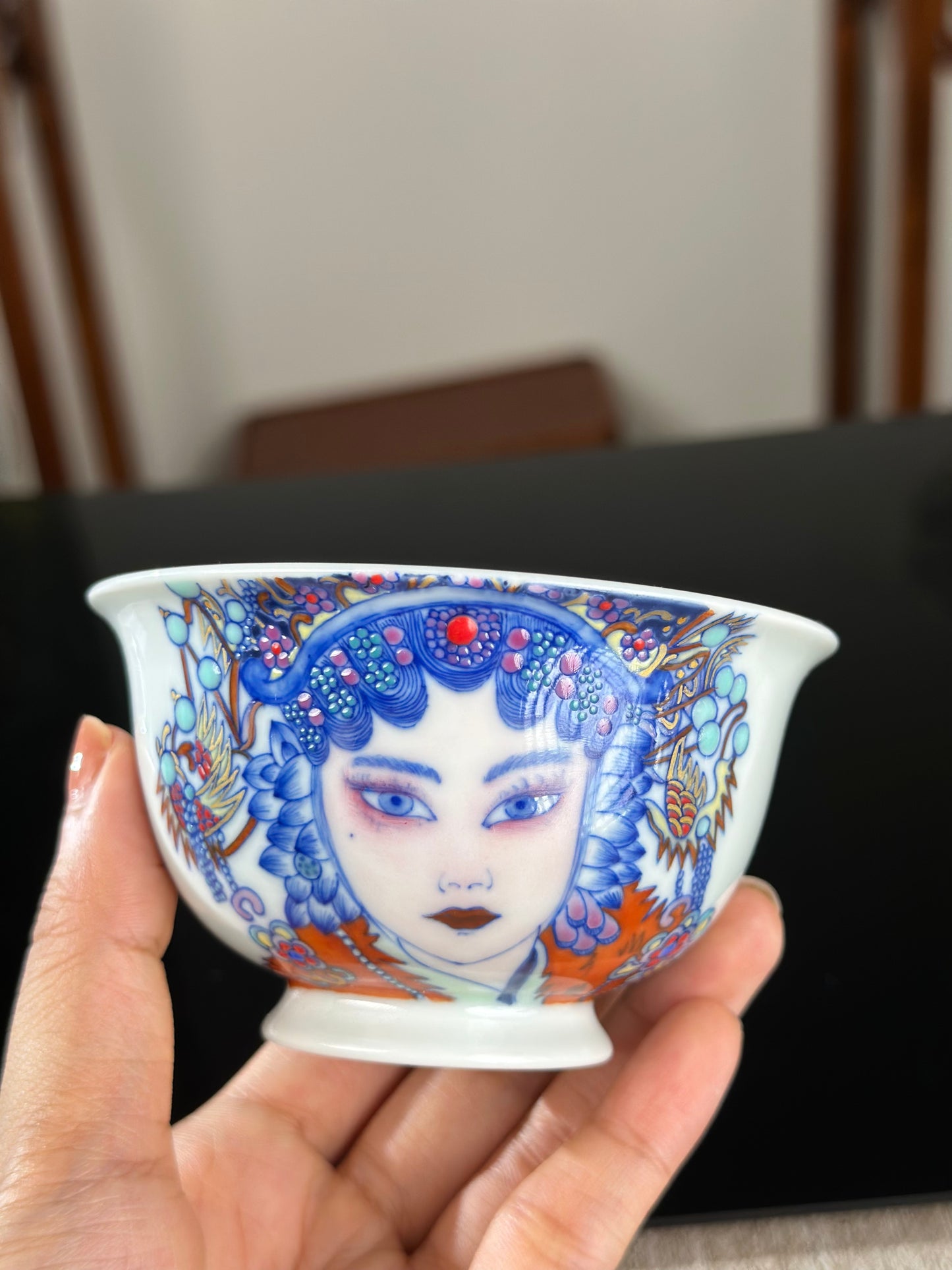 Handpainted Beijing Opera Portrait Pattern Chinese Jingdezhen Doucai Master Fine China Gaiwan Teacup Set