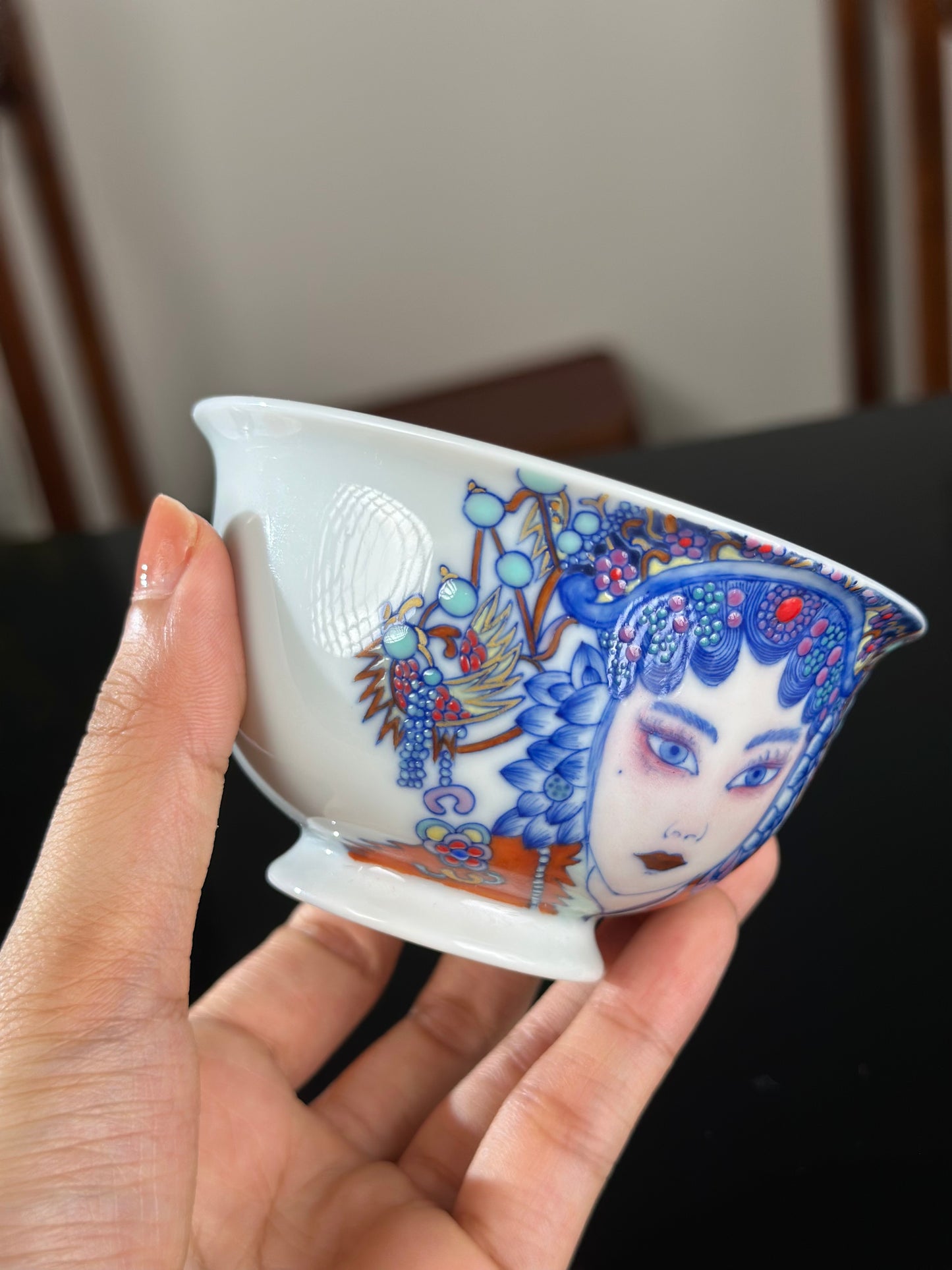 Handpainted Beijing Opera Portrait Pattern Chinese Jingdezhen Doucai Master Fine China Gaiwan Teacup Set