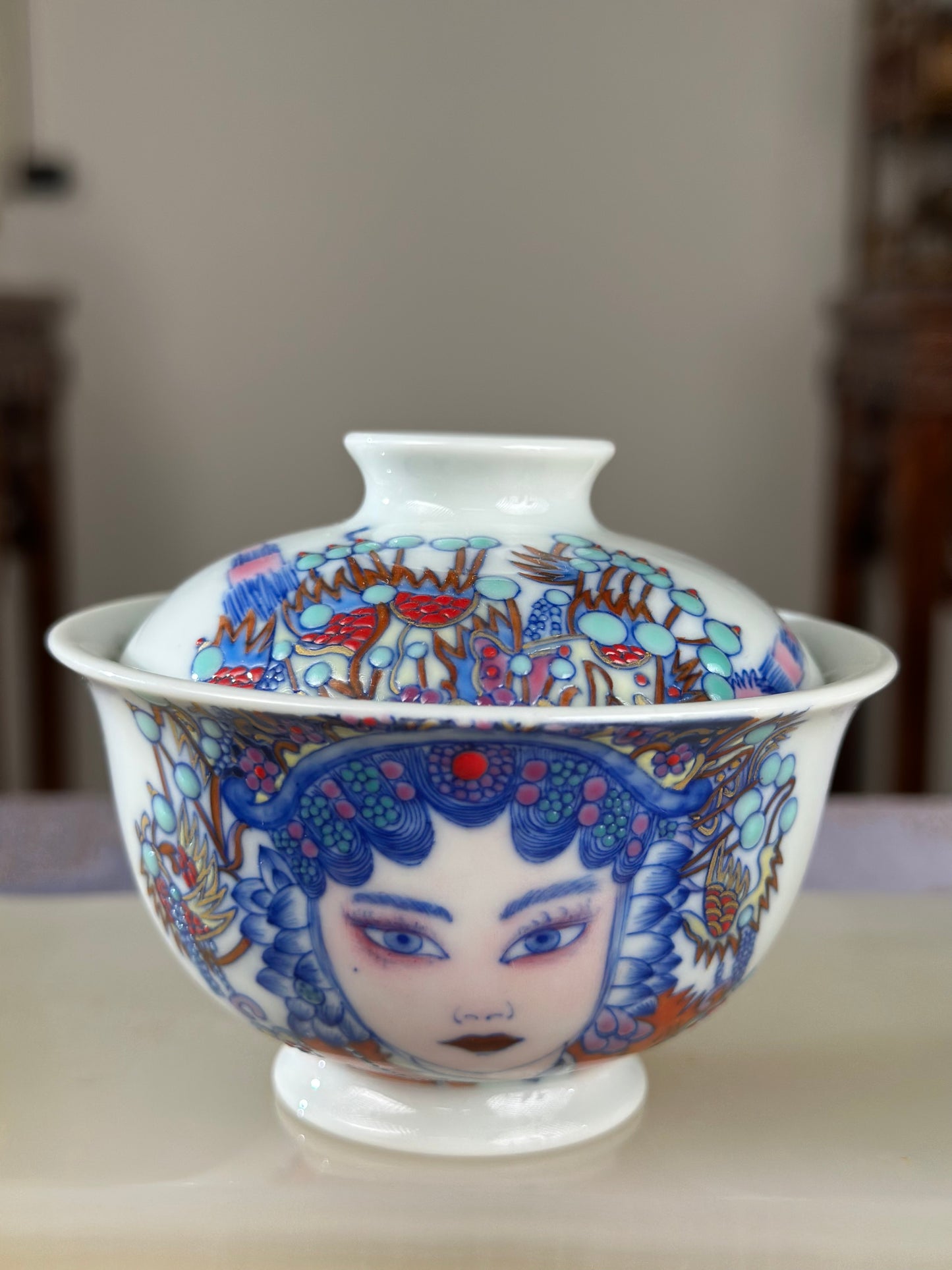 Handpainted Beijing Opera Portrait Pattern Chinese Jingdezhen Doucai Master Fine China Gaiwan Teacup Set