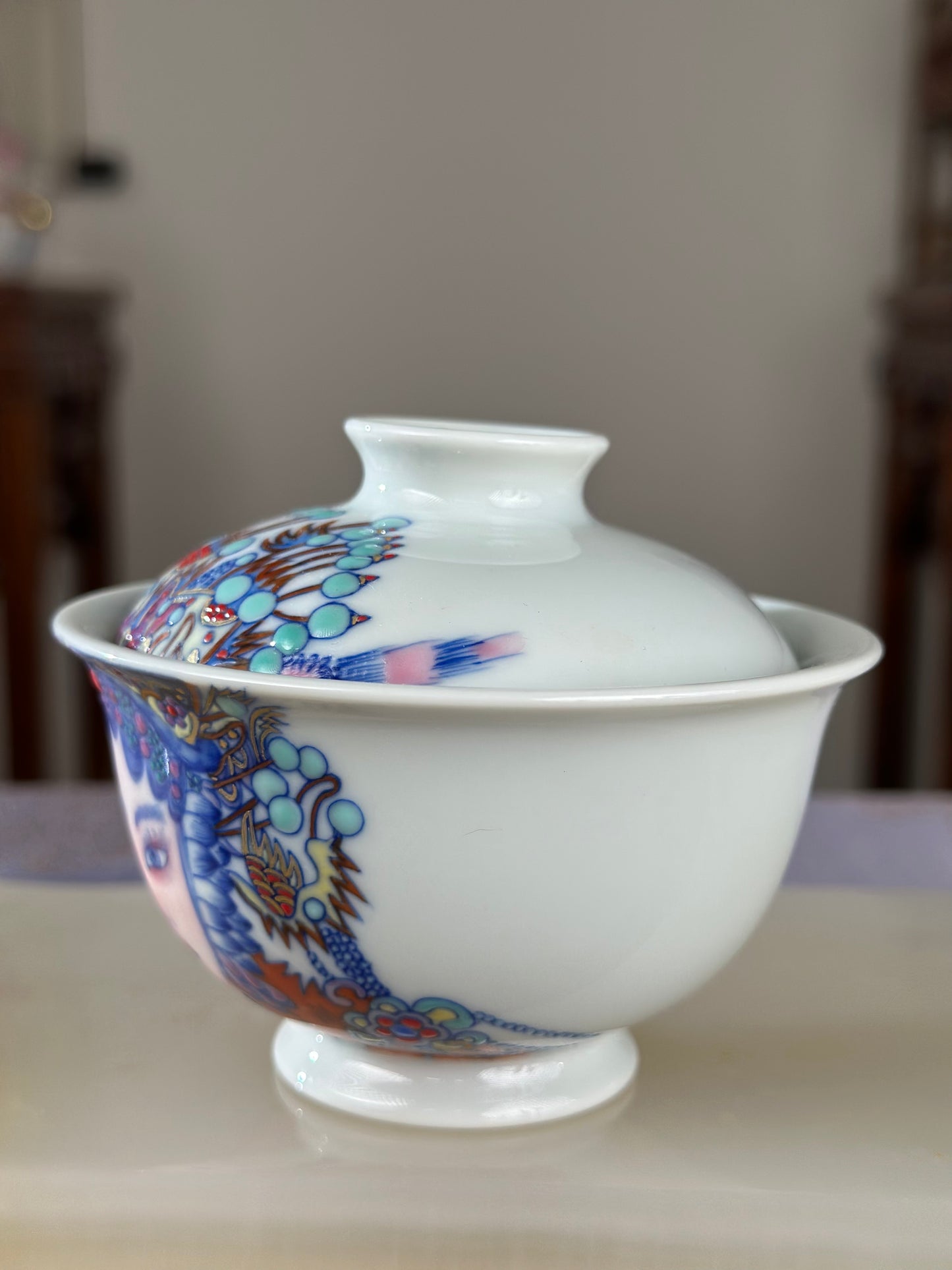 Handpainted Beijing Opera Portrait Pattern Chinese Jingdezhen Doucai Master Fine China Gaiwan Teacup Set