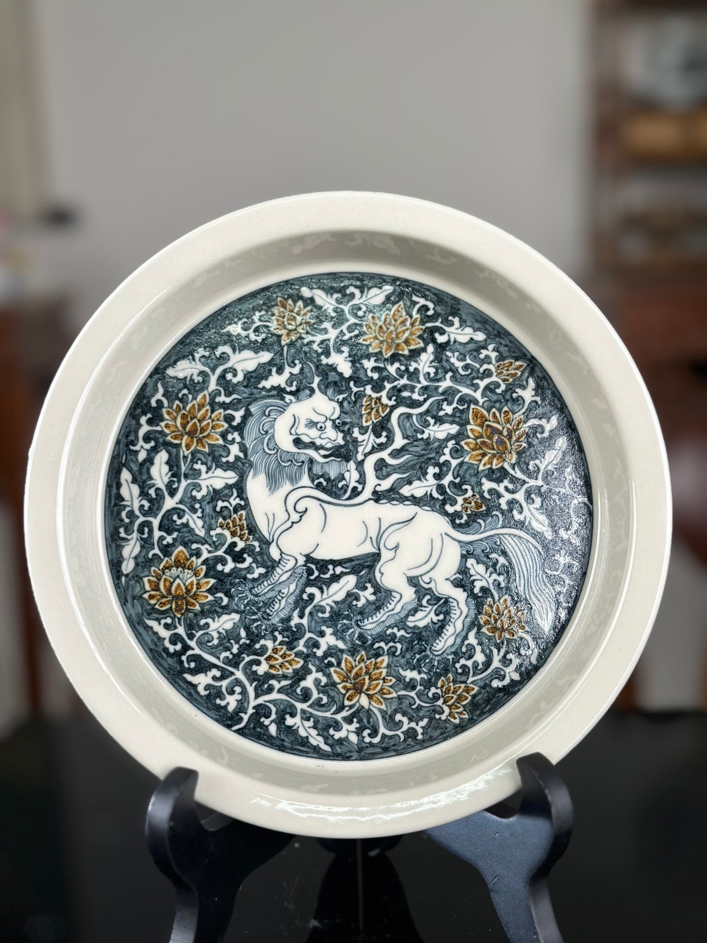 Handpainted Chinese Luxious Blue White Porcelain Underglaze Gold Youlijin Traditional Lion Pattern Masterpiece Gaiwan Set Artwork Teacup