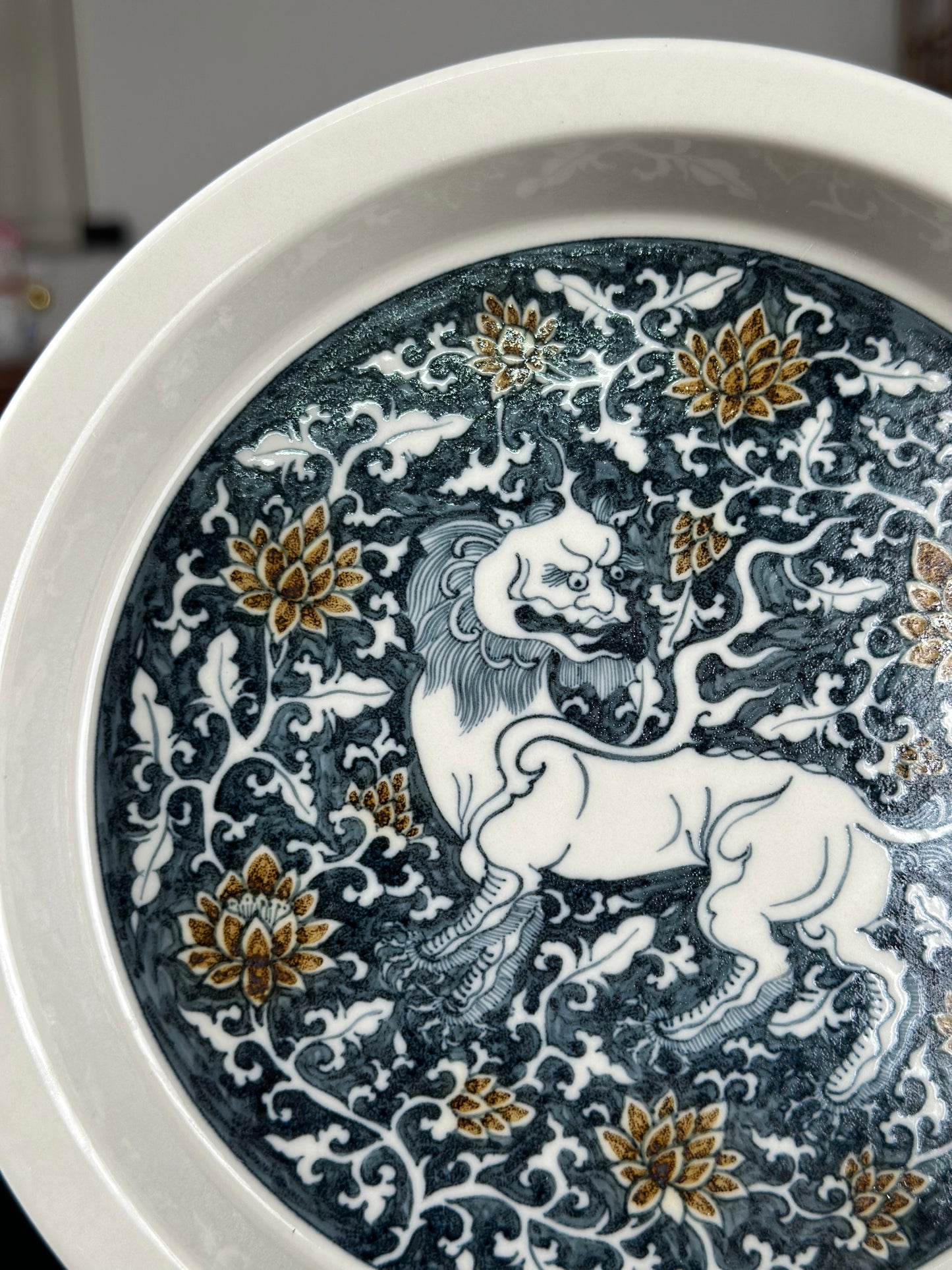 Handpainted Chinese Luxious Blue White Porcelain Underglaze Gold Youlijin Traditional Lion Pattern Masterpiece Gaiwan Set Artwork Teacup