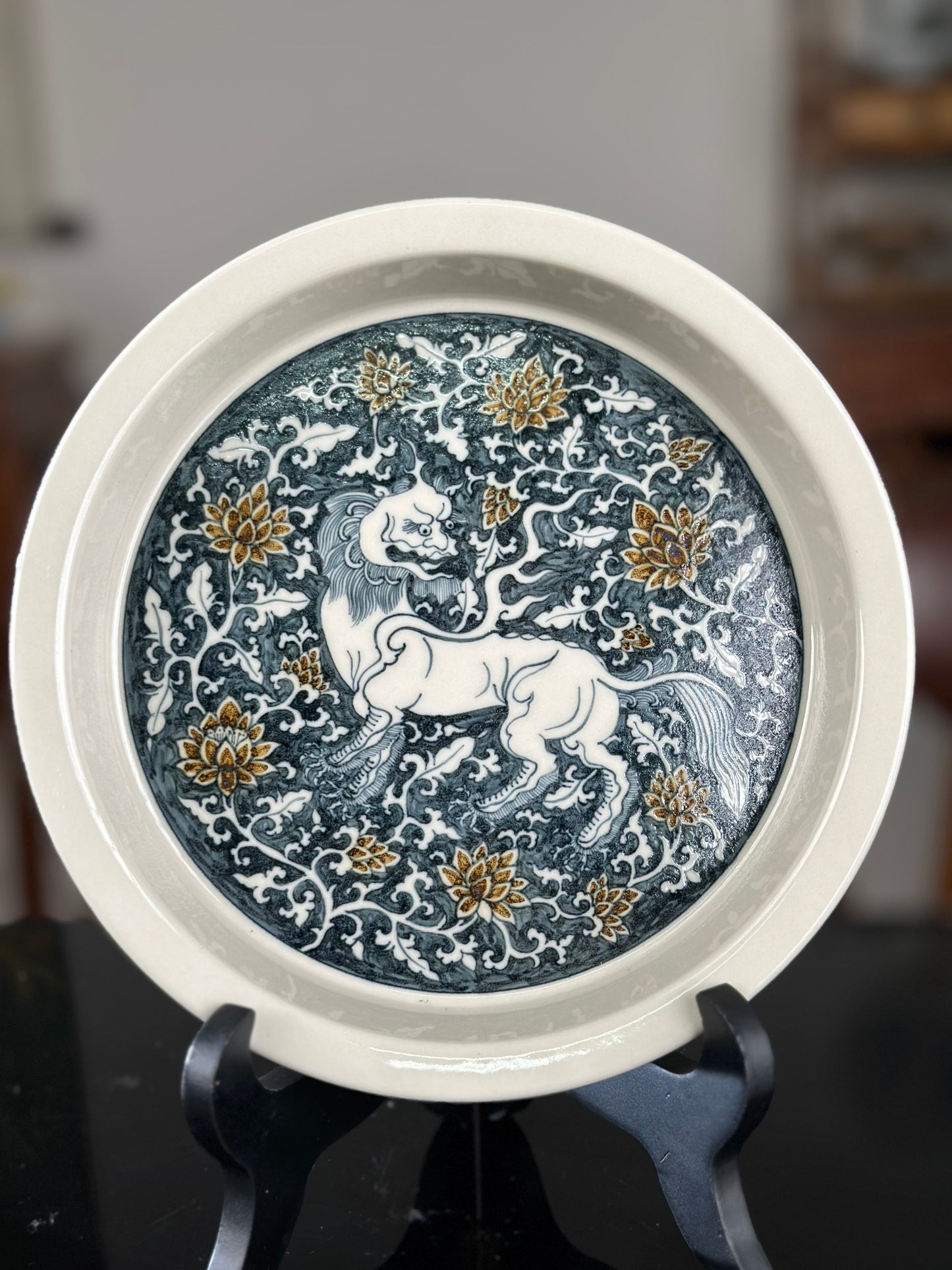Handpainted Chinese Luxious Blue White Porcelain Underglaze Gold Youlijin Traditional Lion Pattern Masterpiece Gaiwan Set Artwork Teacup