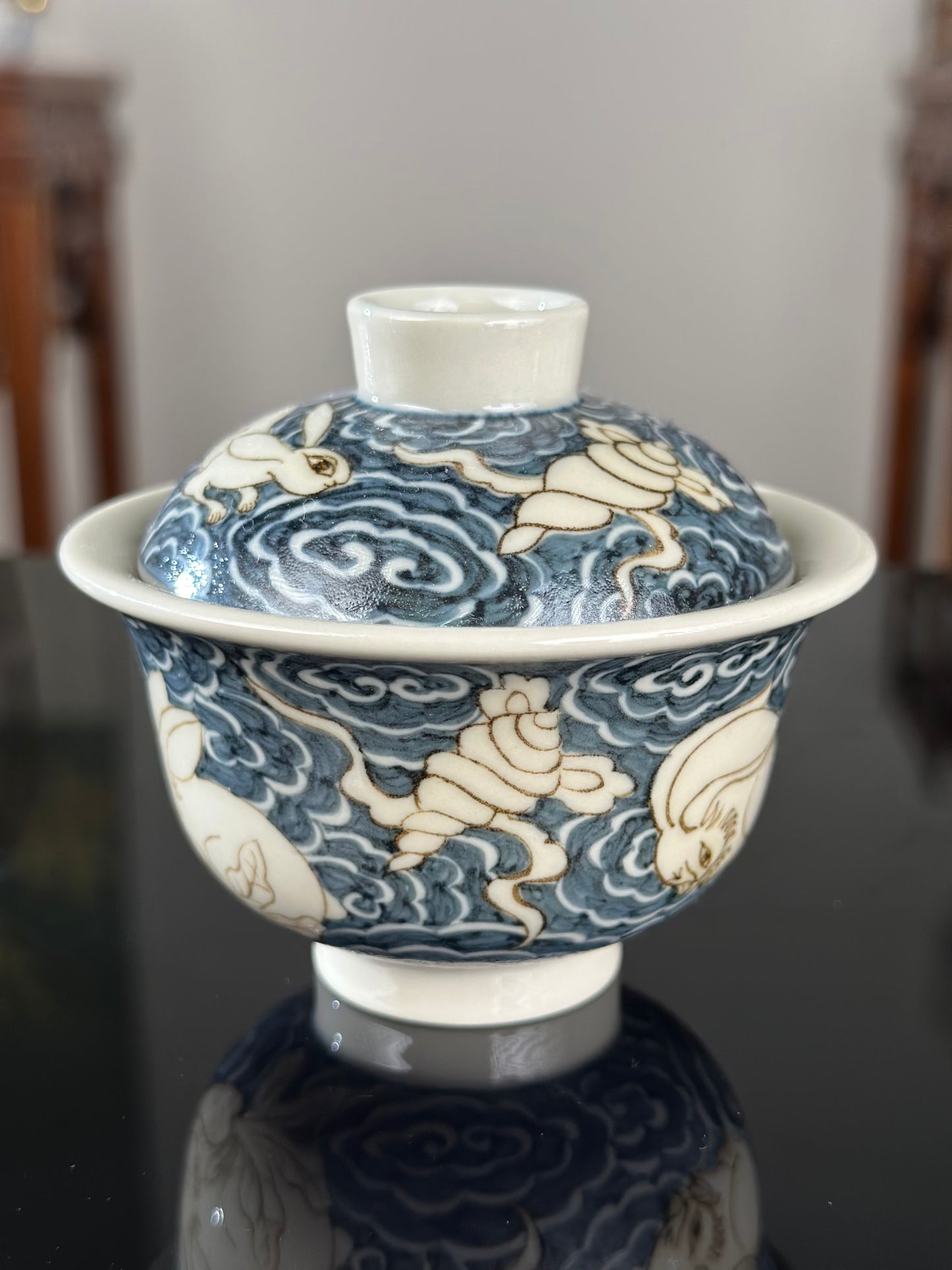 Handpainted Chinese High End Blue White Porcelain Underglaze Gold Youlijin Rabbit Pattern Teacup Gaiwan Tray Set