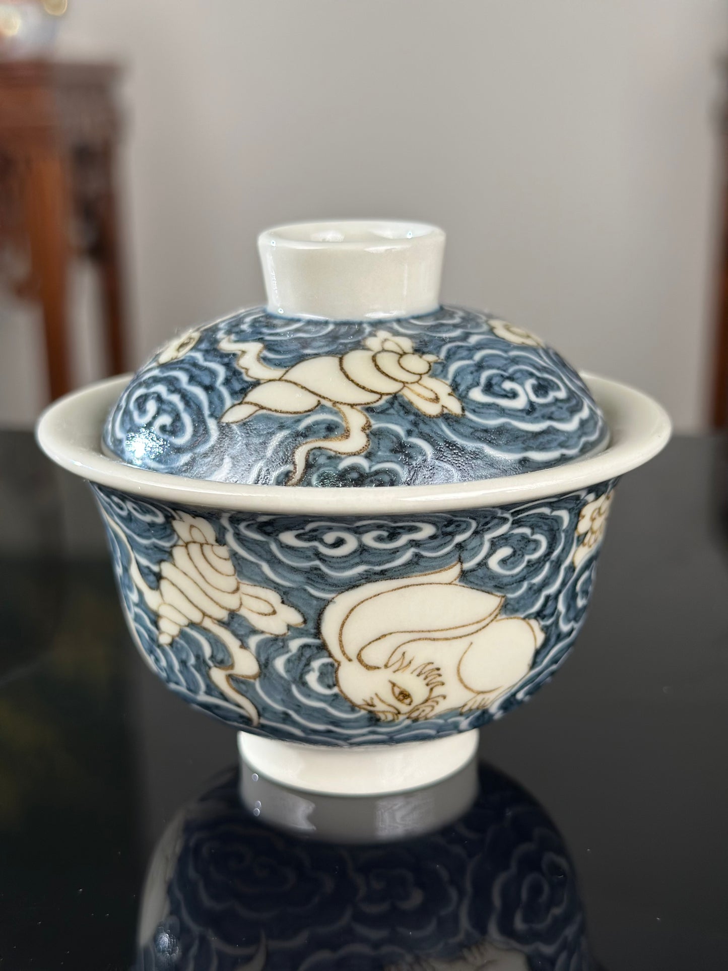 Handpainted Chinese High End Blue White Porcelain Underglaze Gold Youlijin Rabbit Pattern Teacup Gaiwan Tray Set