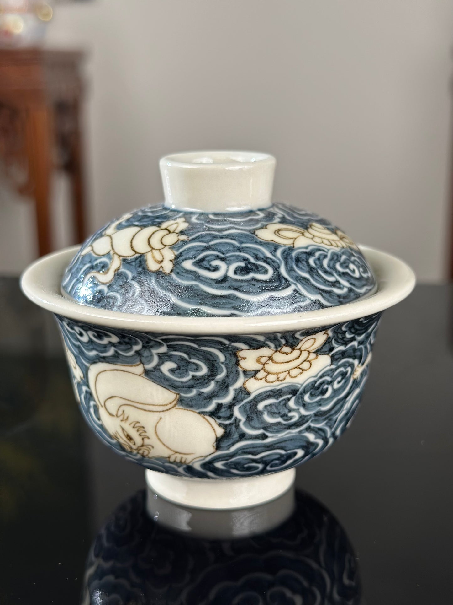 Handpainted Chinese High End Blue White Porcelain Underglaze Gold Youlijin Rabbit Pattern Teacup Gaiwan Tray Set