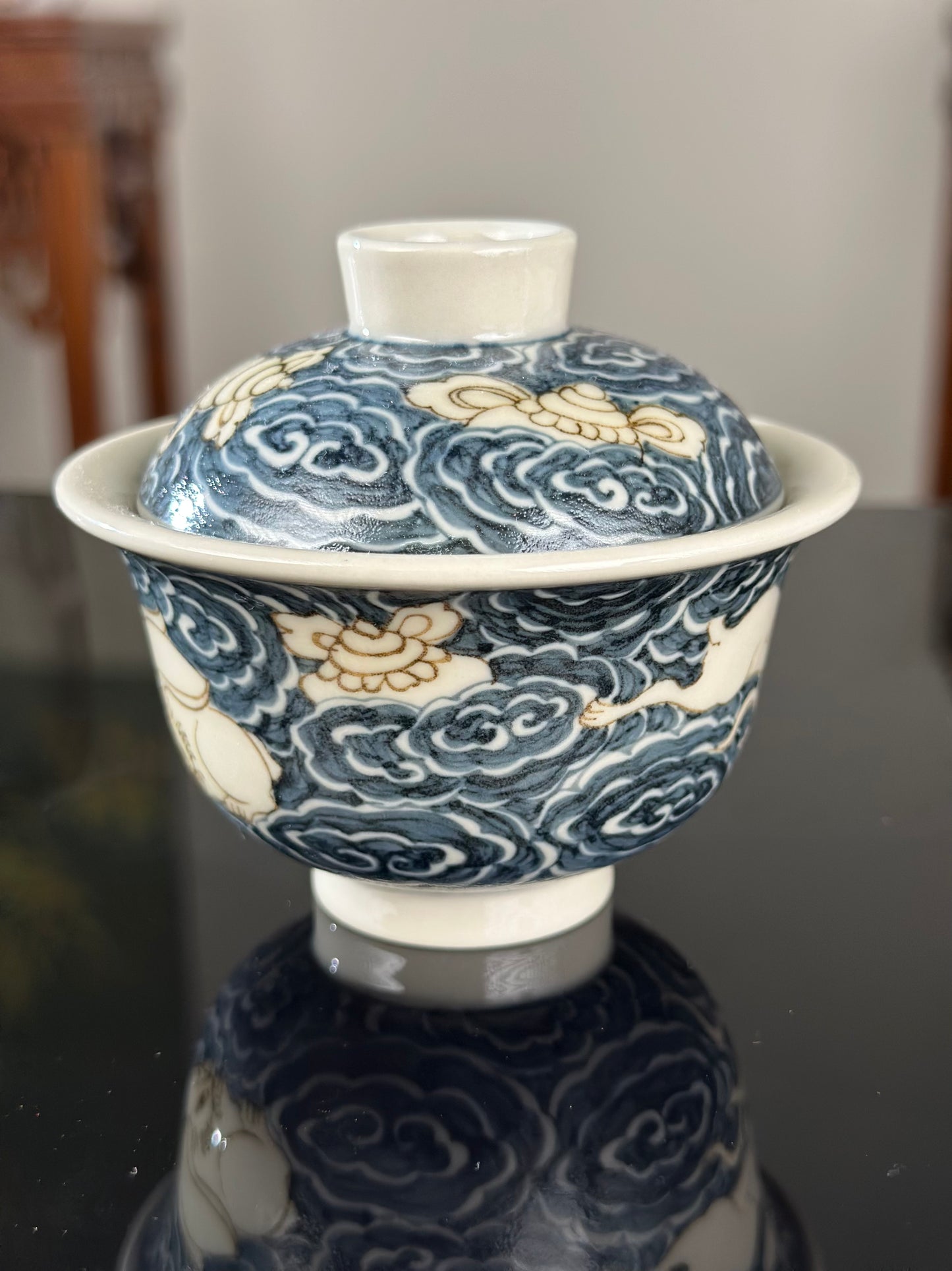 Handpainted Chinese High End Blue White Porcelain Underglaze Gold Youlijin Rabbit Pattern Teacup Gaiwan Tray Set