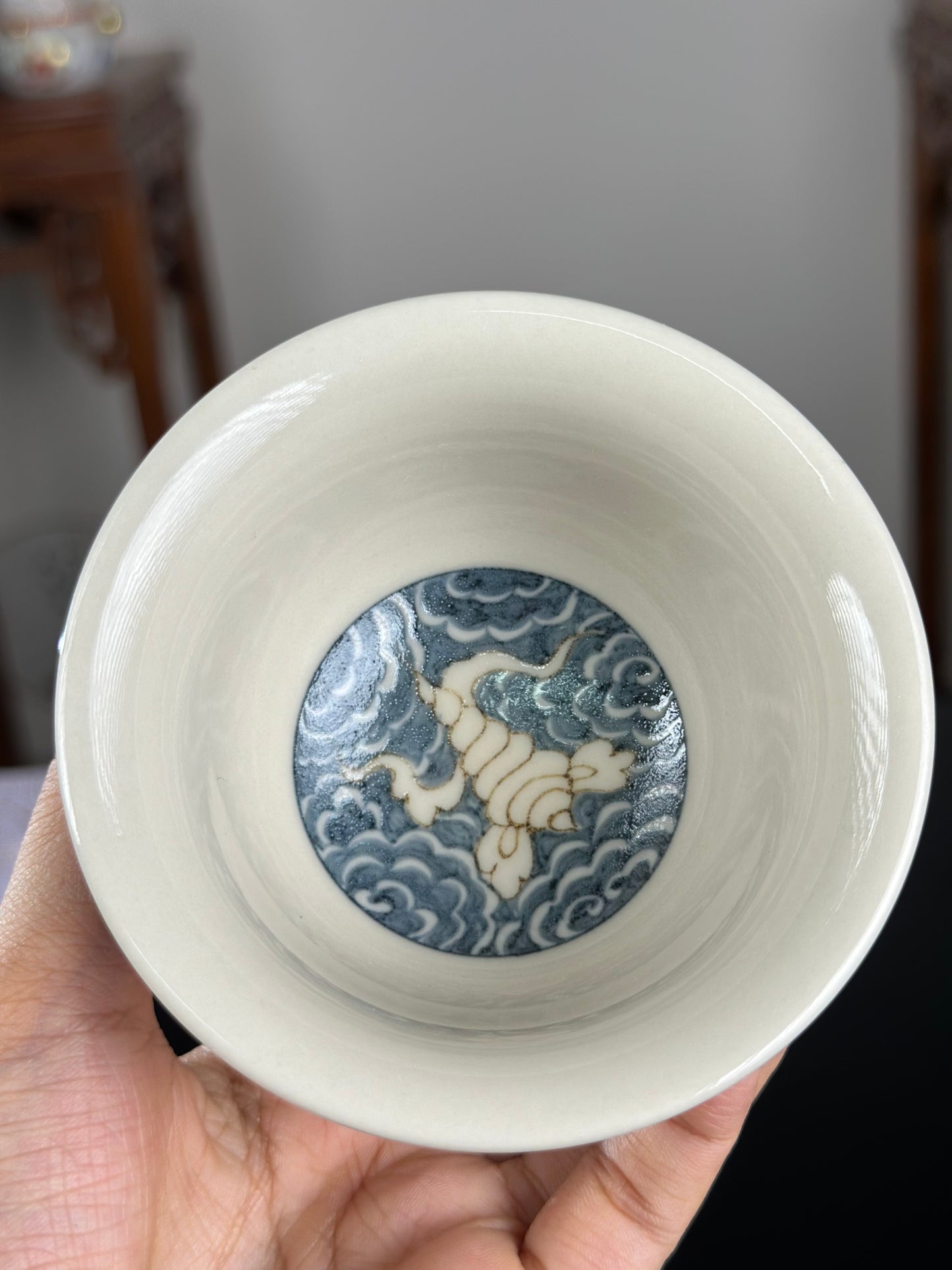 Handpainted Chinese High End Blue White Porcelain Underglaze Gold Youlijin Rabbit Pattern Teacup Gaiwan Tray Set