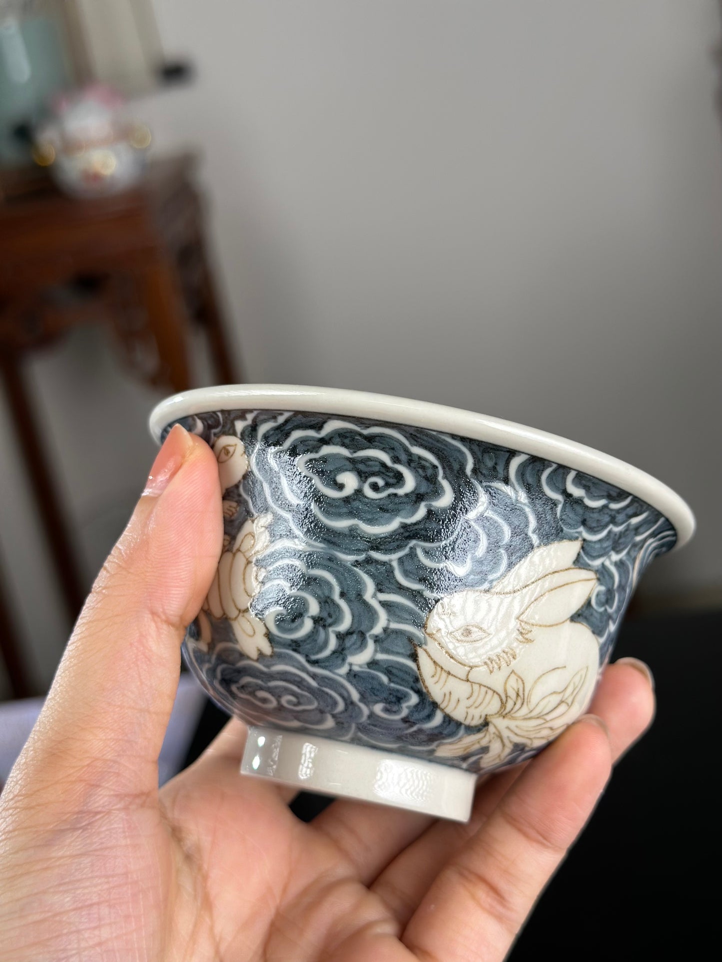 Handpainted Chinese High End Blue White Porcelain Underglaze Gold Youlijin Rabbit Pattern Teacup Gaiwan Tray Set