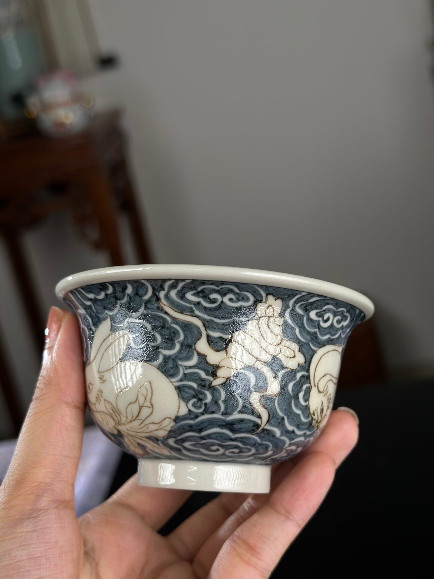 Handpainted Chinese High End Blue White Porcelain Underglaze Gold Youlijin Rabbit Pattern Teacup Gaiwan Tray Set