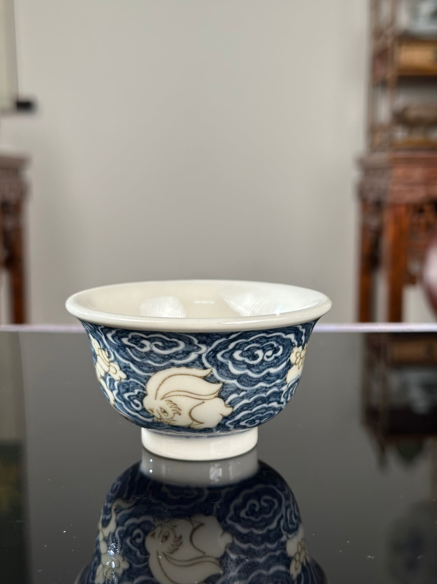 Handpainted Chinese High End Blue White Porcelain Underglaze Gold Youlijin Rabbit Pattern Teacup Gaiwan Tray Set