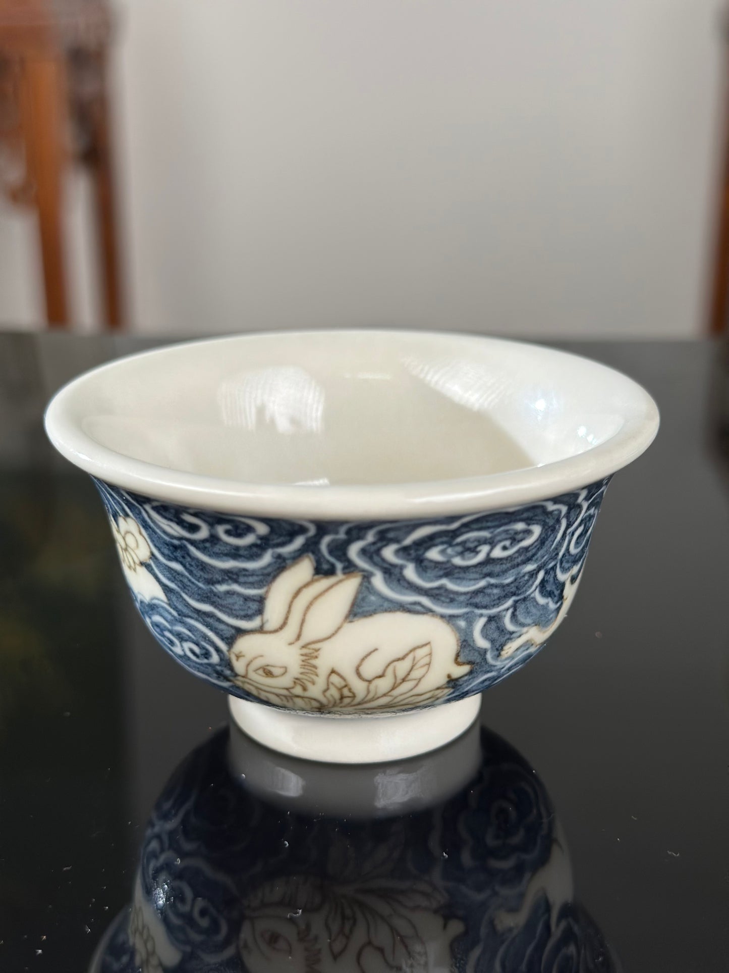 Handpainted Chinese High End Blue White Porcelain Underglaze Gold Youlijin Rabbit Pattern Teacup Gaiwan Tray Set