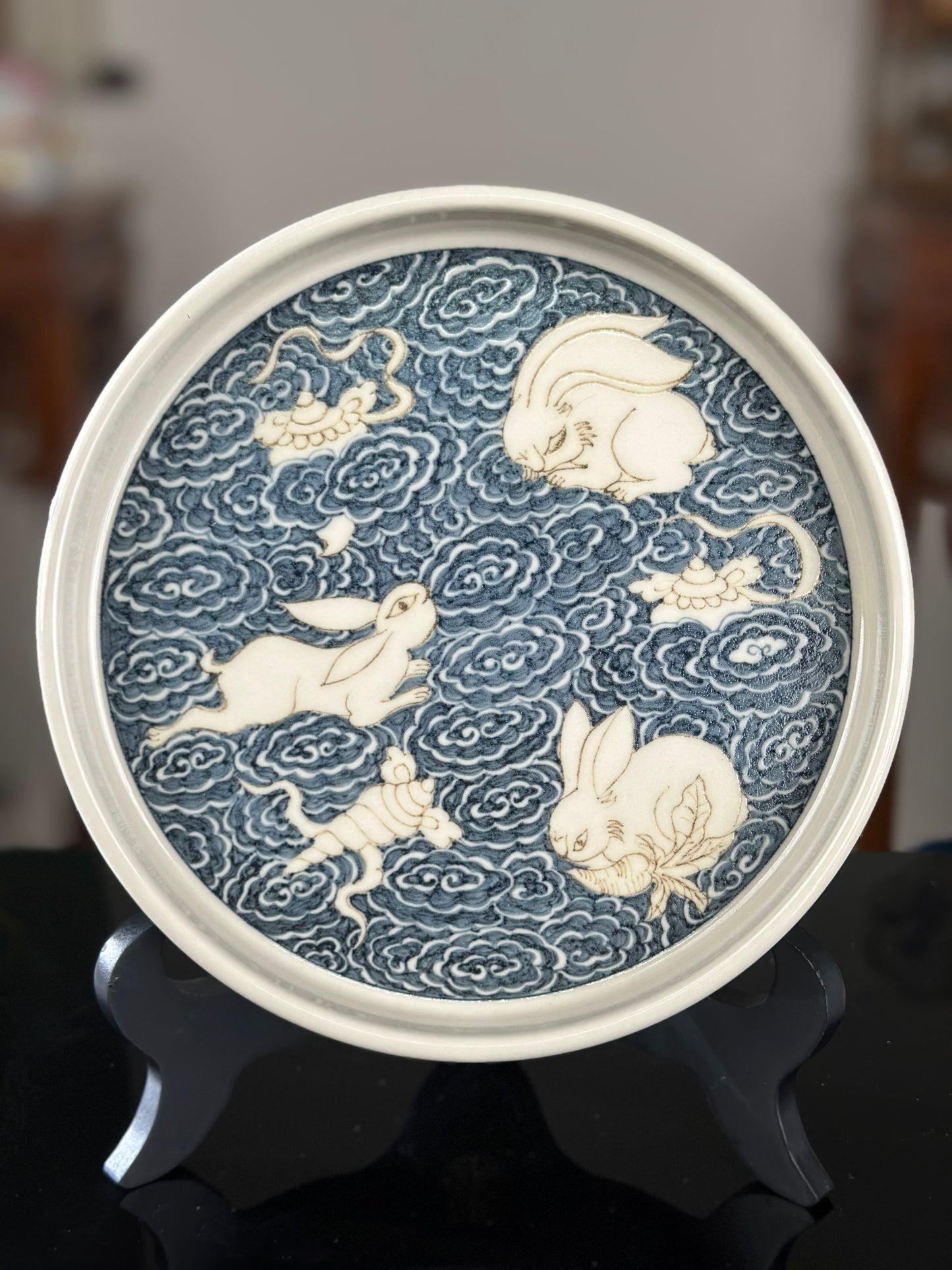 Handpainted Chinese High End Blue White Porcelain Underglaze Gold Youlijin Rabbit Pattern Teacup Gaiwan Tray Set