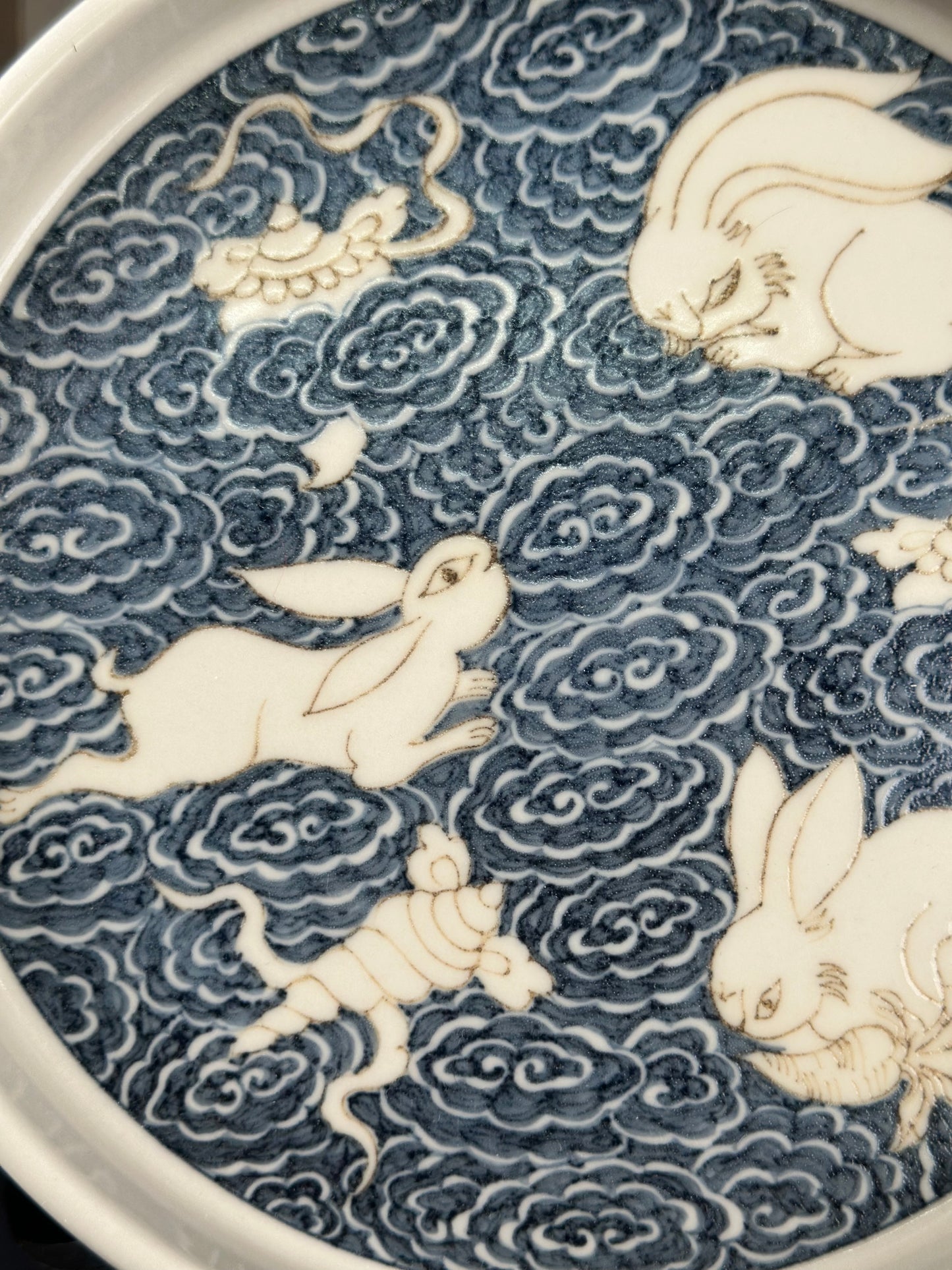 Handpainted Chinese High End Blue White Porcelain Underglaze Gold Youlijin Rabbit Pattern Teacup Gaiwan Tray Set