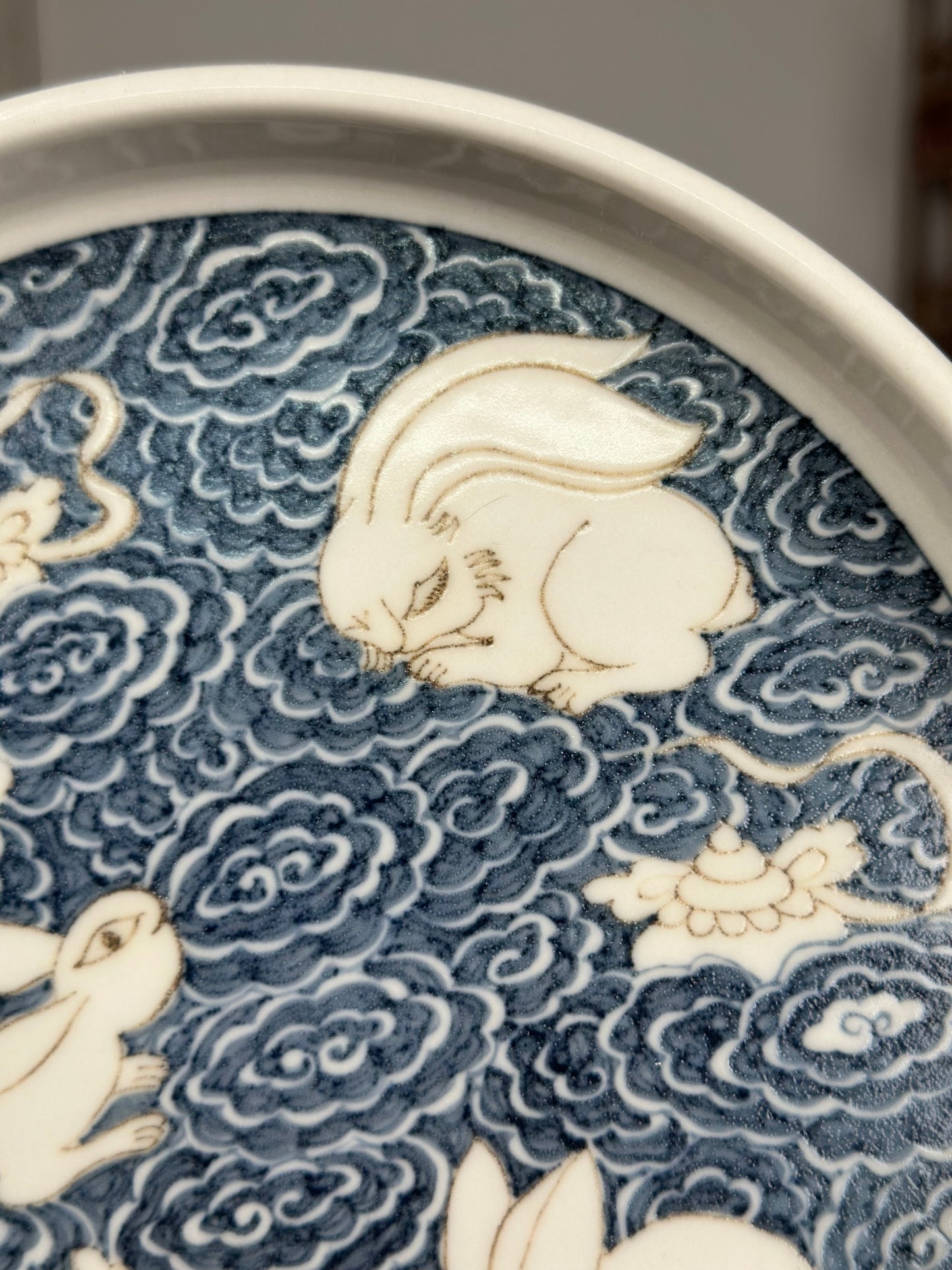 Handpainted Chinese High End Blue White Porcelain Underglaze Gold Youlijin Rabbit Pattern Teacup Gaiwan Tray Set