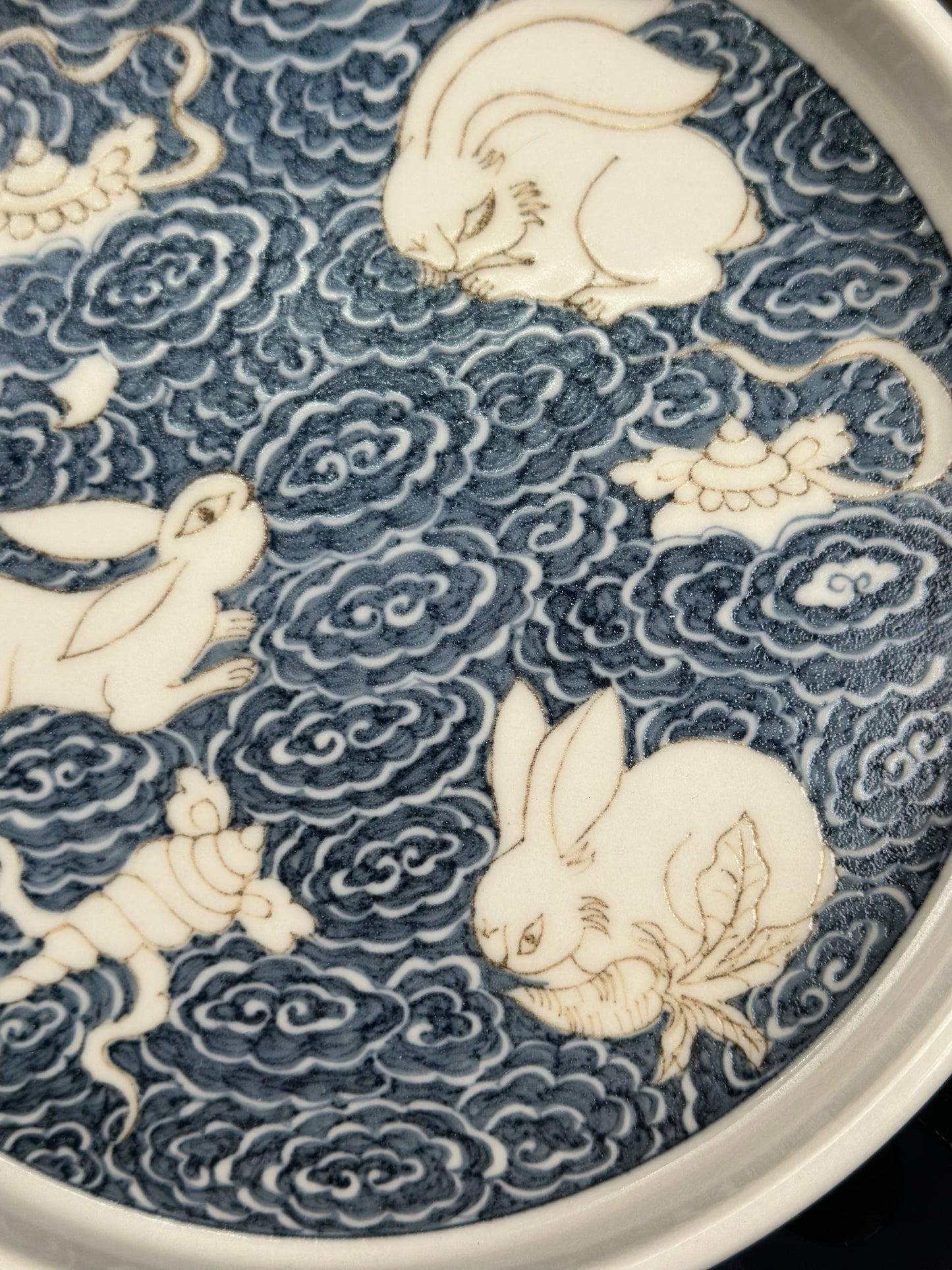 Handpainted Chinese High End Blue White Porcelain Underglaze Gold Youlijin Rabbit Pattern Teacup Gaiwan Tray Set