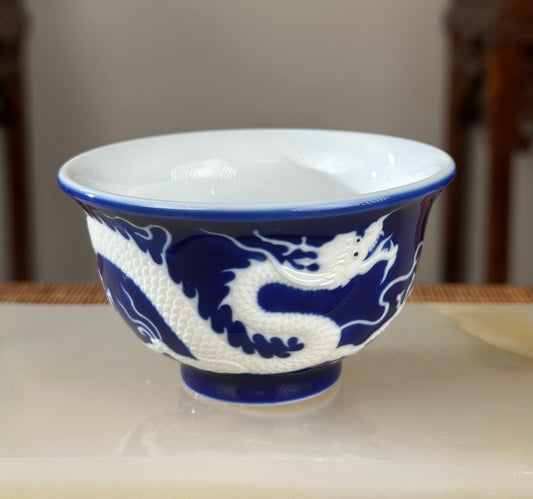Hand Engraved Blue White Porcelain Dragon Teacup Artwork