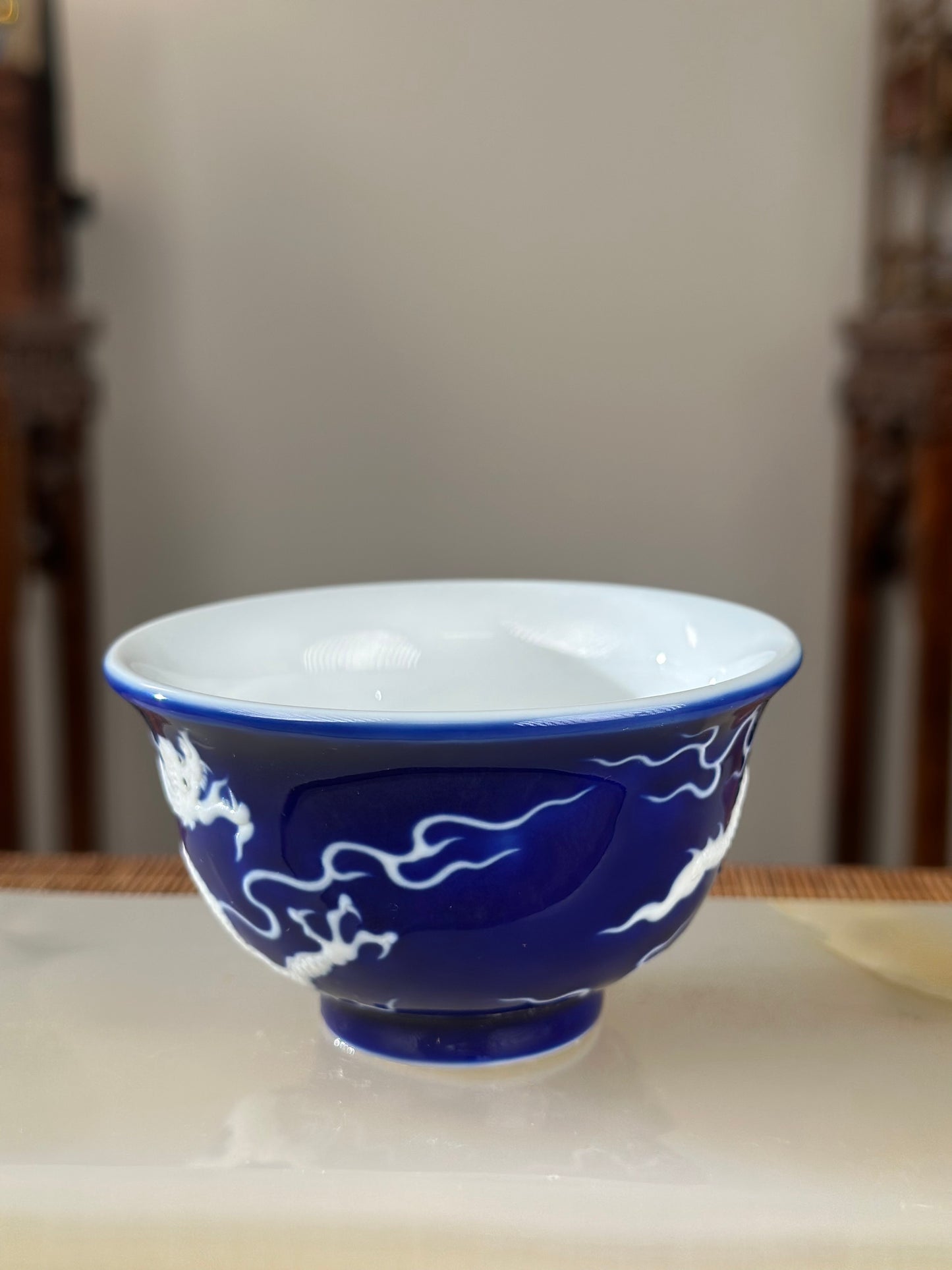 Hand Engraved Blue White Porcelain Dragon Teacup Artwork