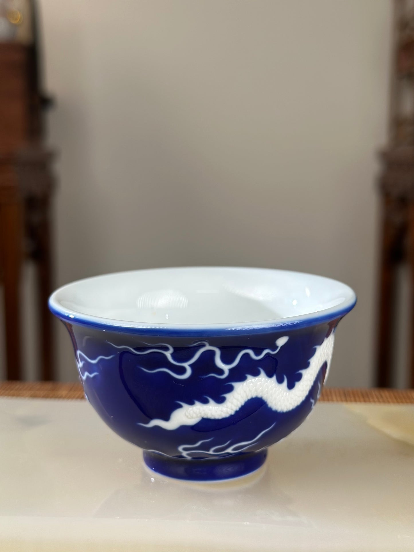 Hand Engraved Blue White Porcelain Dragon Teacup Artwork