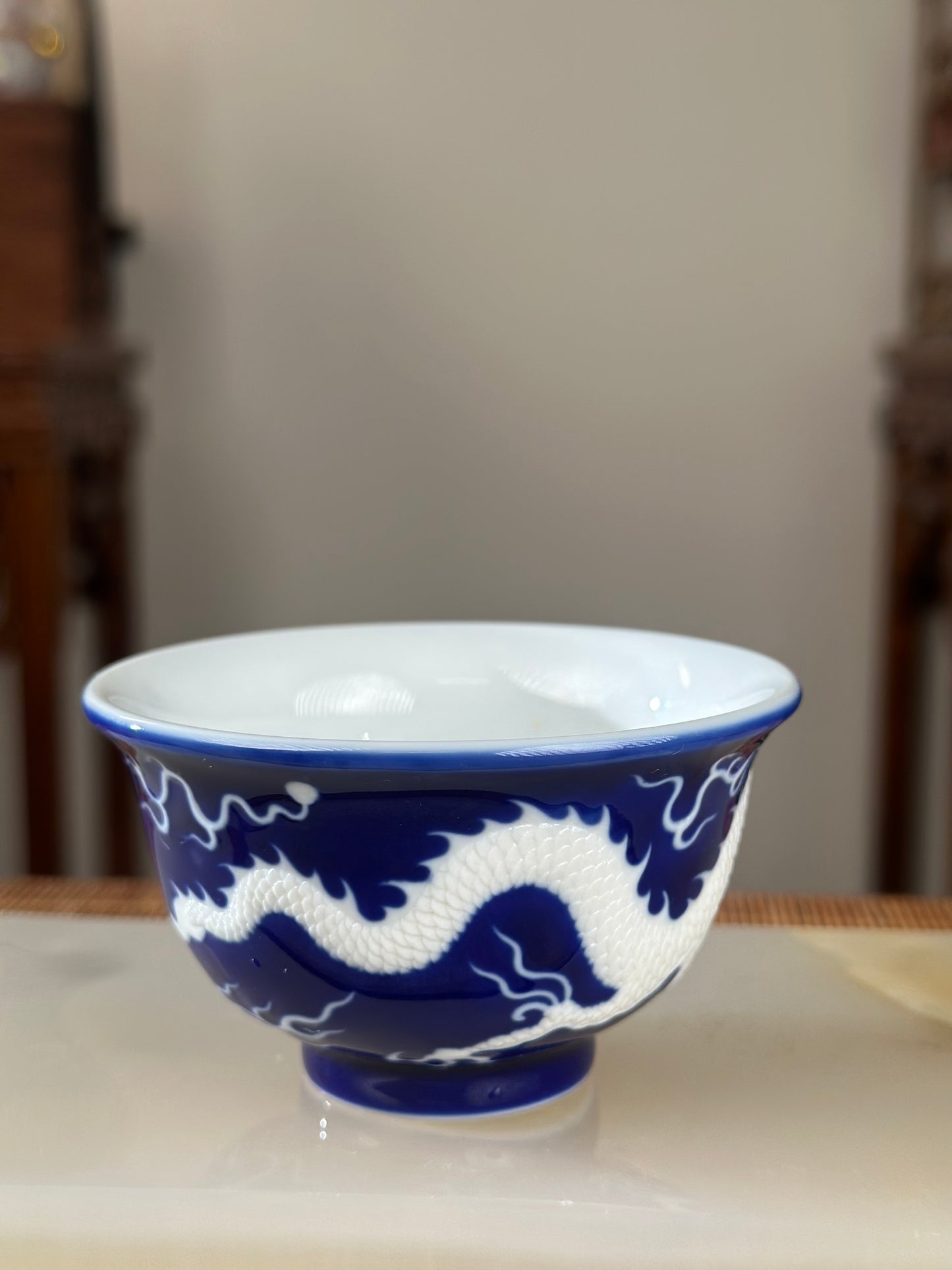 Hand Engraved Blue White Porcelain Dragon Teacup Artwork