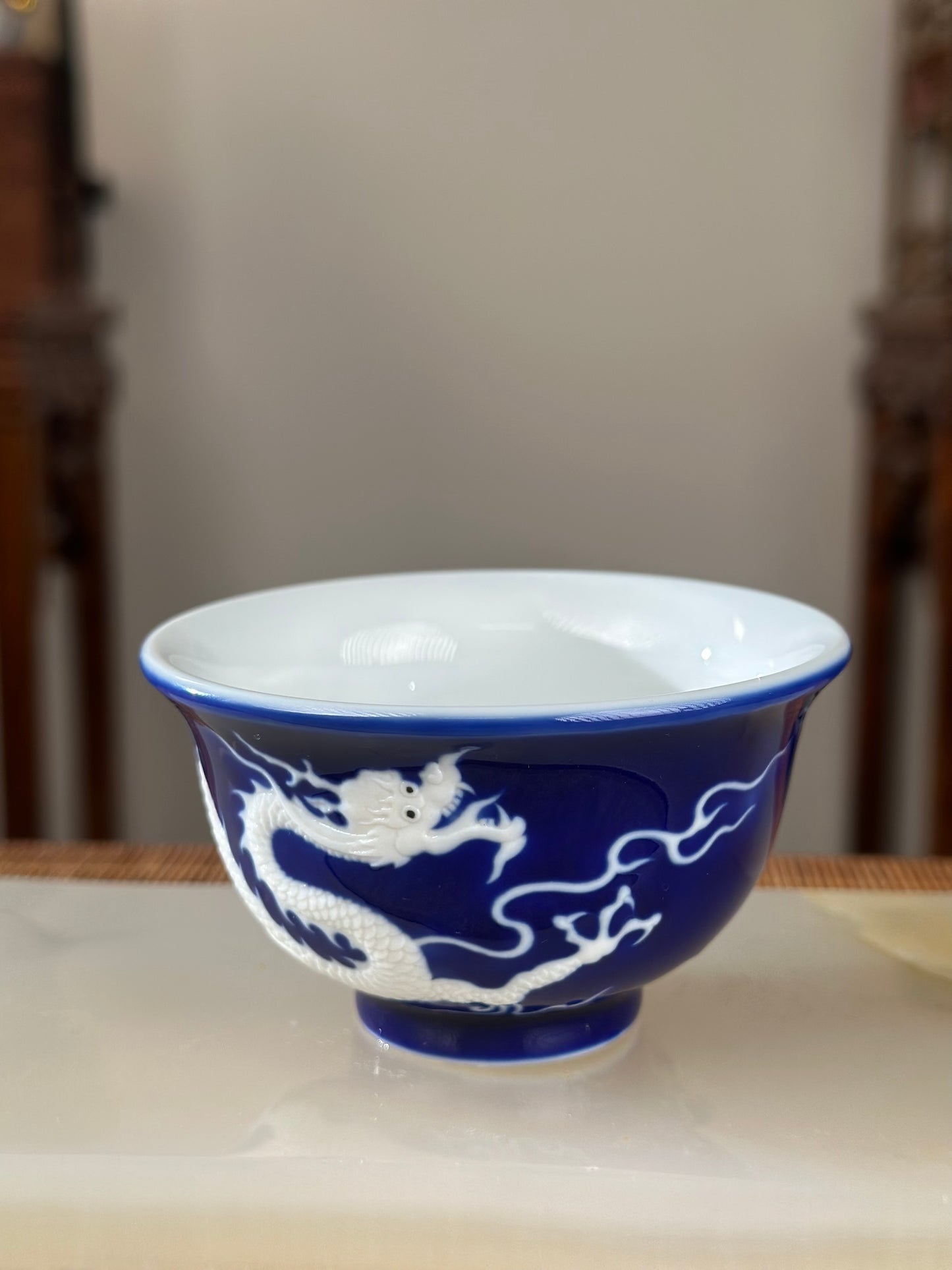 Hand Engraved Blue White Porcelain Dragon Teacup Artwork
