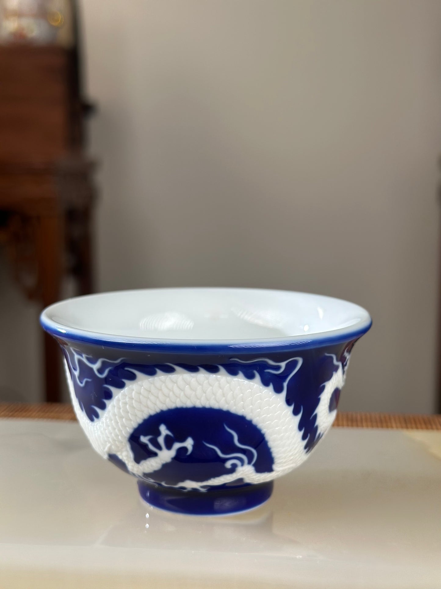 Hand Engraved Blue White Porcelain Dragon Teacup Artwork
