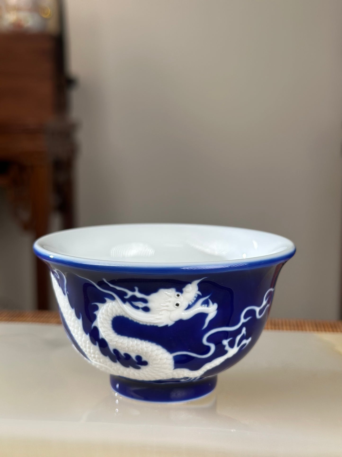 Hand Engraved Blue White Porcelain Dragon Teacup Artwork