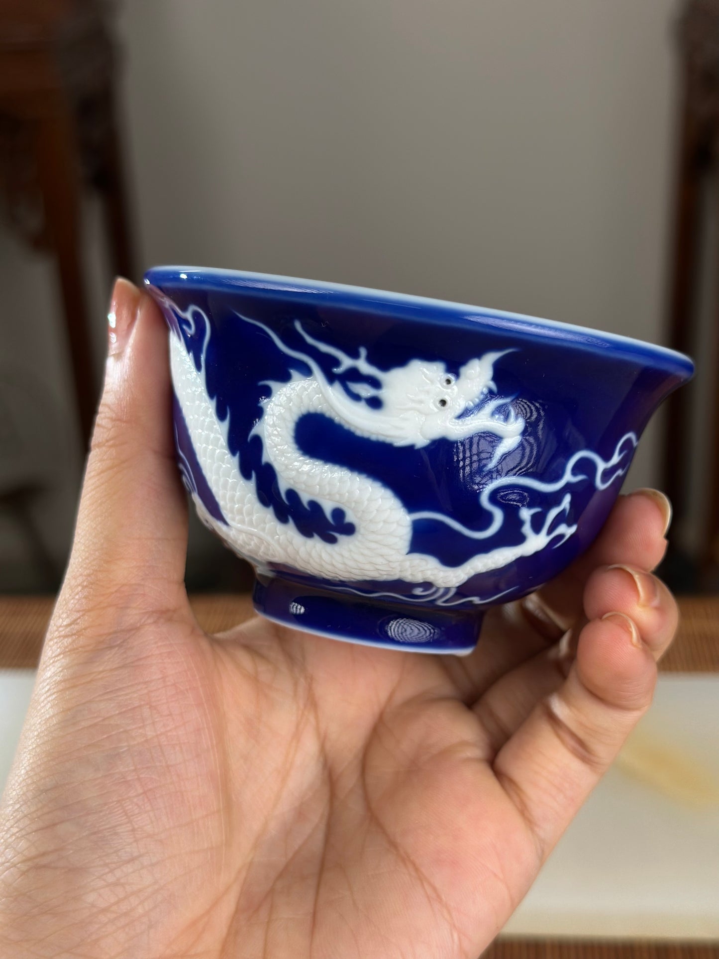 Hand Engraved Blue White Porcelain Dragon Teacup Artwork