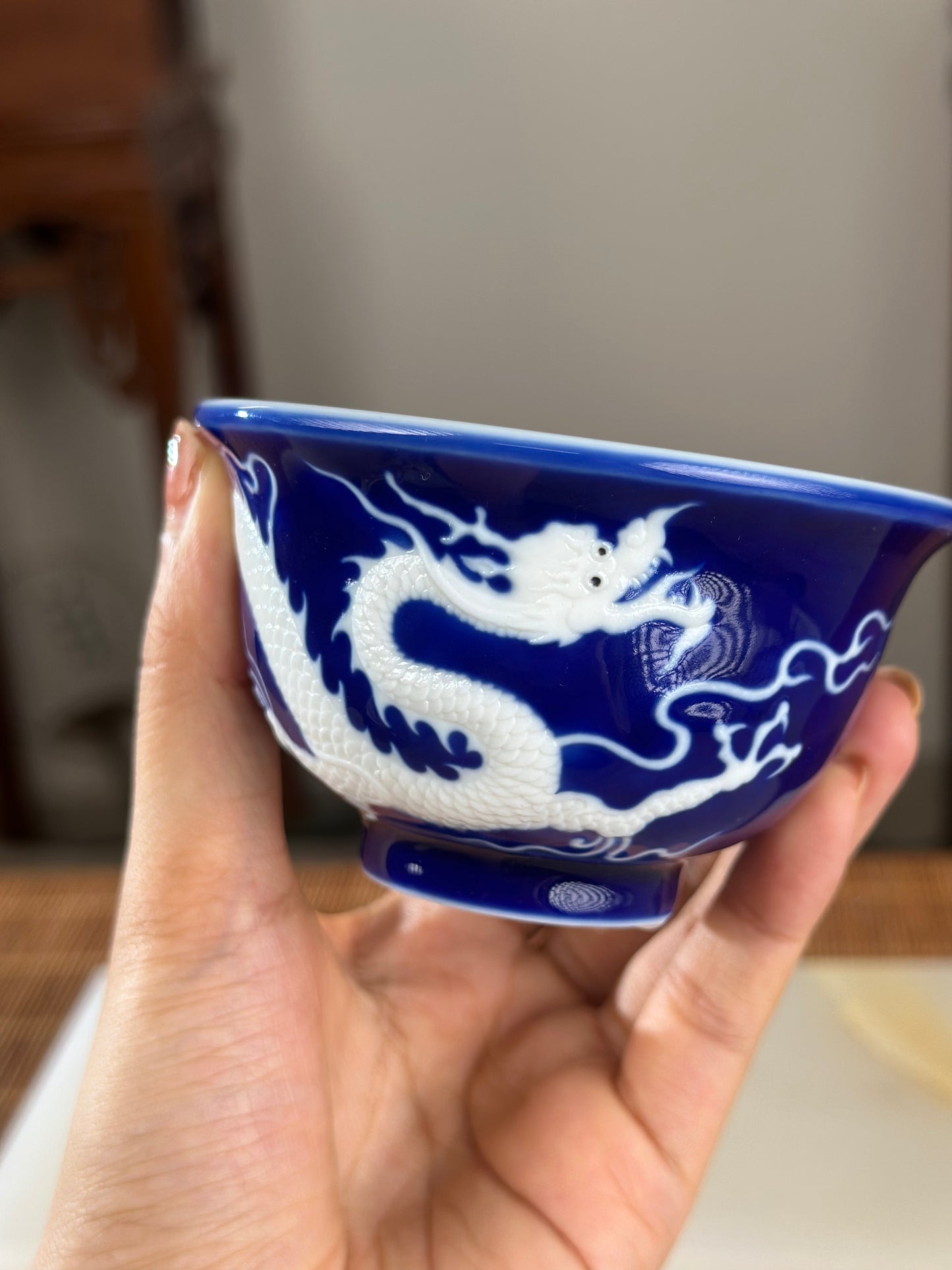 Hand Engraved Blue White Porcelain Dragon Teacup Artwork