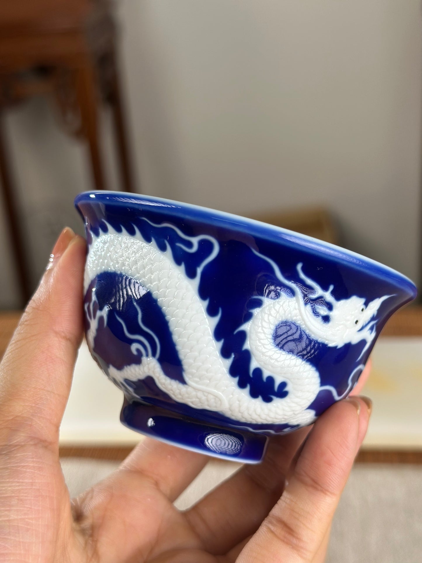 Hand Engraved Blue White Porcelain Dragon Teacup Artwork
