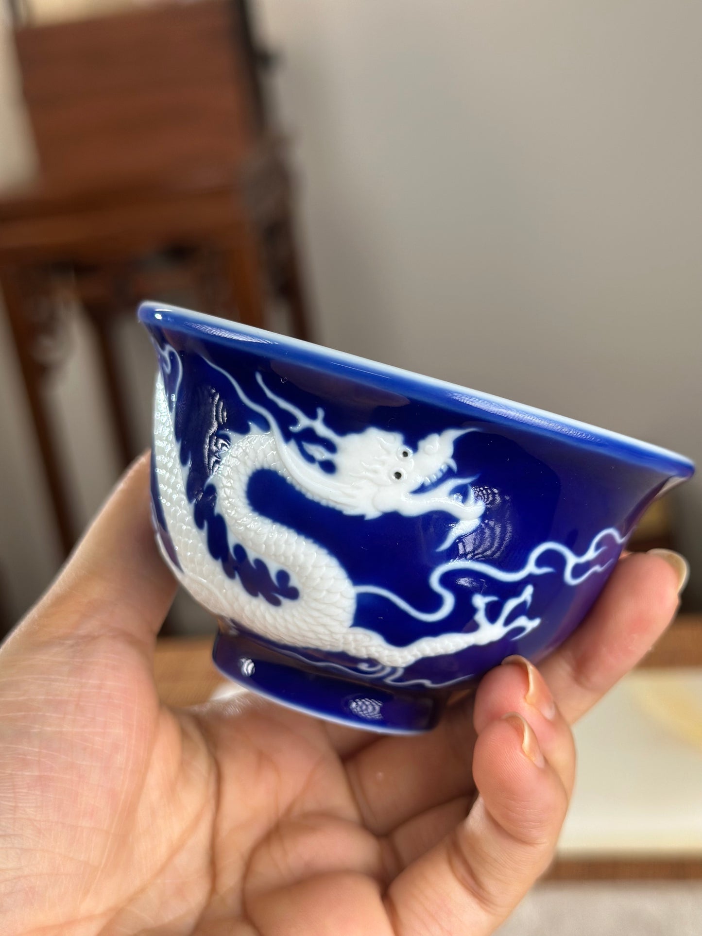 Hand Engraved Blue White Porcelain Dragon Teacup Artwork