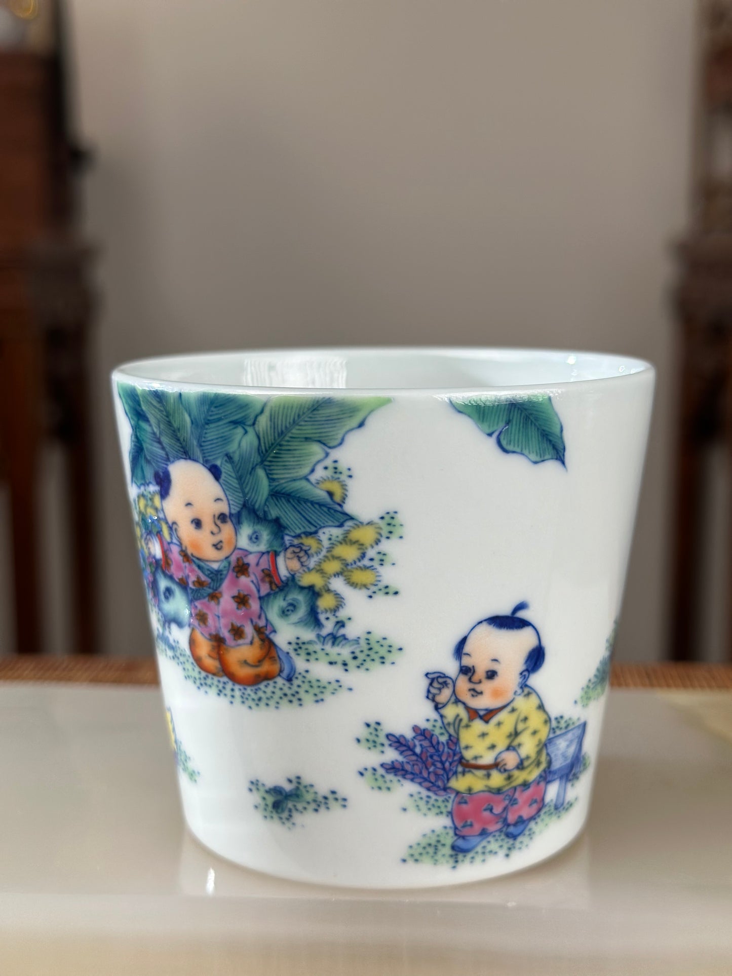 Handpainted Traditional Children Joy Pattern Chinese Jingdezhen Doucai Master Fine China Teacup