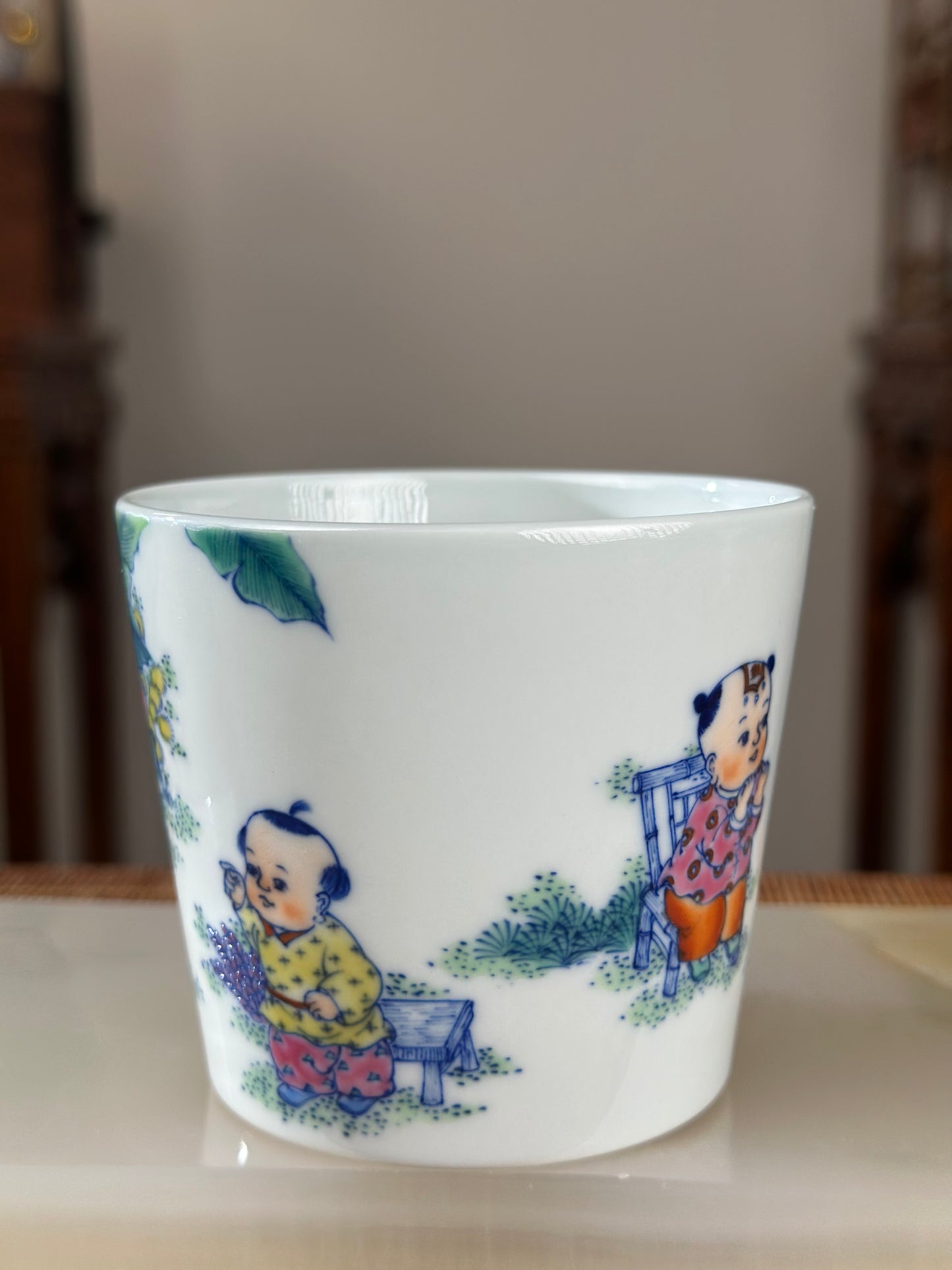 Handpainted Traditional Children Joy Pattern Chinese Jingdezhen Doucai Master Fine China Teacup