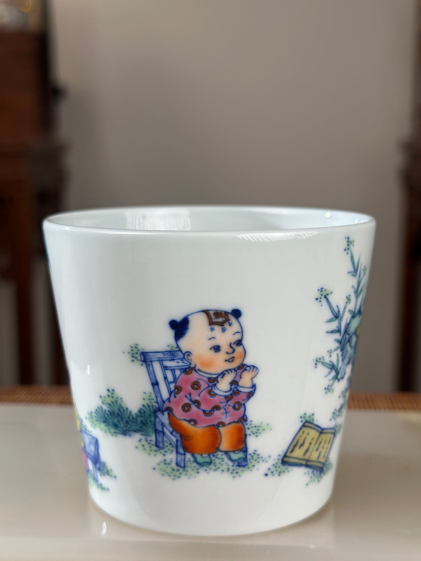 Handpainted Traditional Children Joy Pattern Chinese Jingdezhen Doucai Master Fine China Teacup