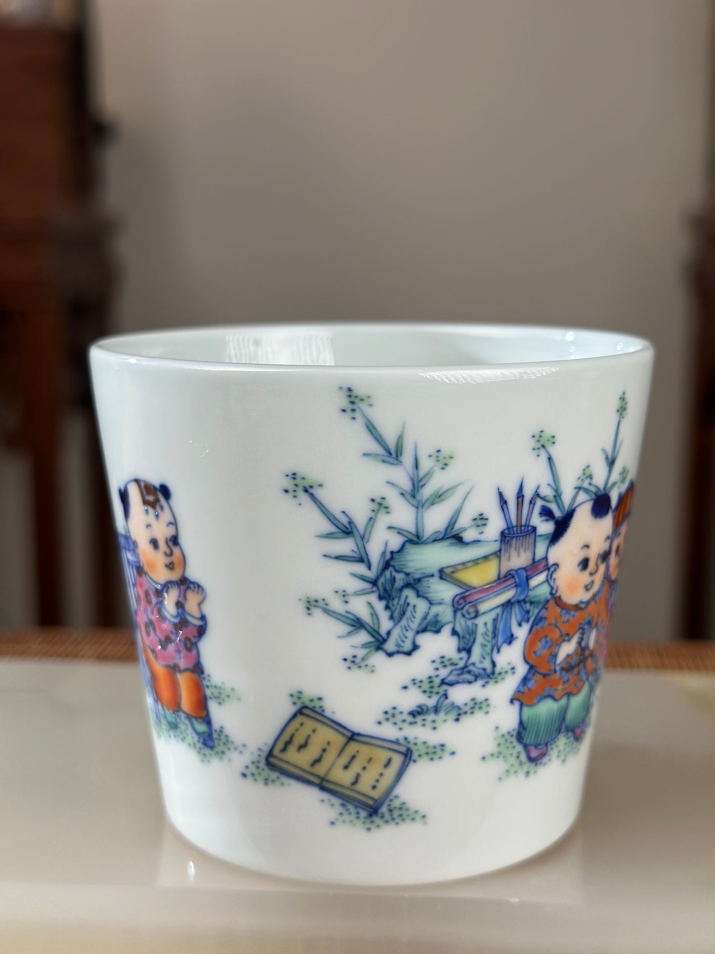 Handpainted Traditional Children Joy Pattern Chinese Jingdezhen Doucai Master Fine China Teacup