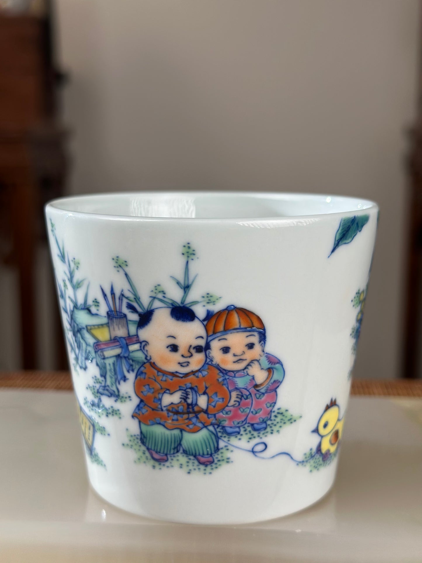 Handpainted Traditional Children Joy Pattern Chinese Jingdezhen Doucai Master Fine China Teacup