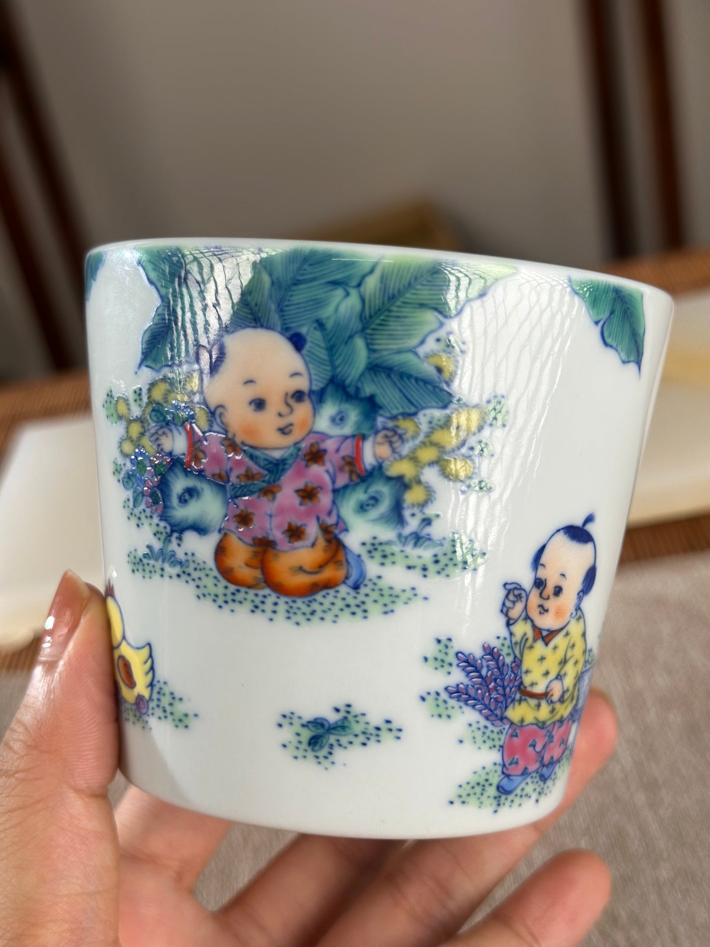 Handpainted Traditional Children Joy Pattern Chinese Jingdezhen Doucai Master Fine China Teacup