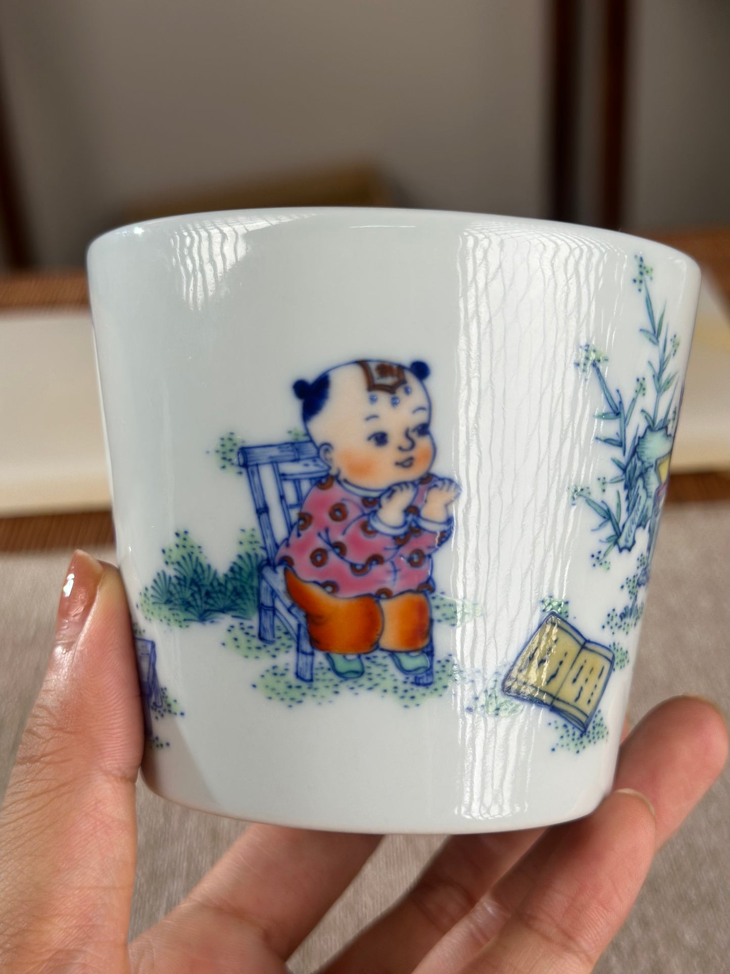 Handpainted Traditional Children Joy Pattern Chinese Jingdezhen Doucai Master Fine China Teacup