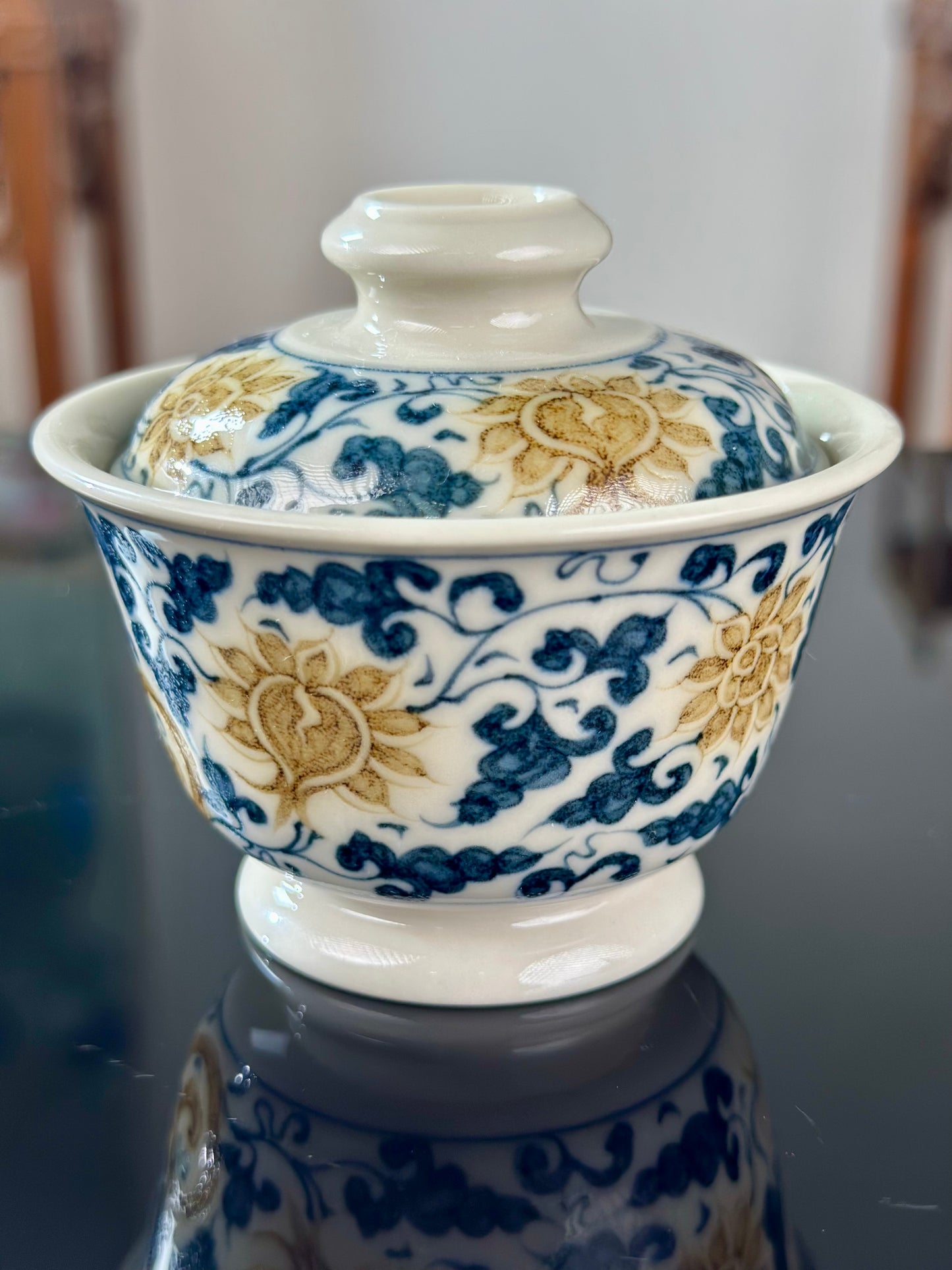 Handpainted Chinese Luxious Blue White Porcelain Underglaze Gold Youlijin Traditional Phoenix Pattern Masterpiece Gaiwan Teacup Set Artwork