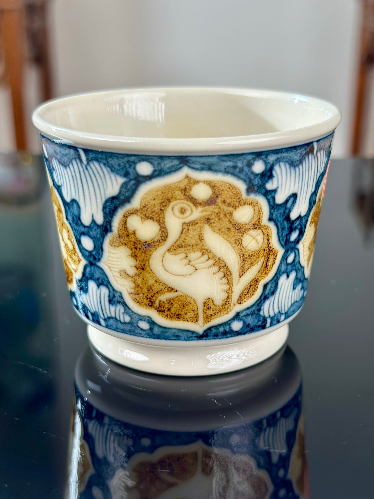 Handpainted Chinese Luxious Blue White Porcelain Underglaze Gold Youlijin Classic Heron and Lotus Pattern Masterpiece Gaiwan Teacup Set Artwork