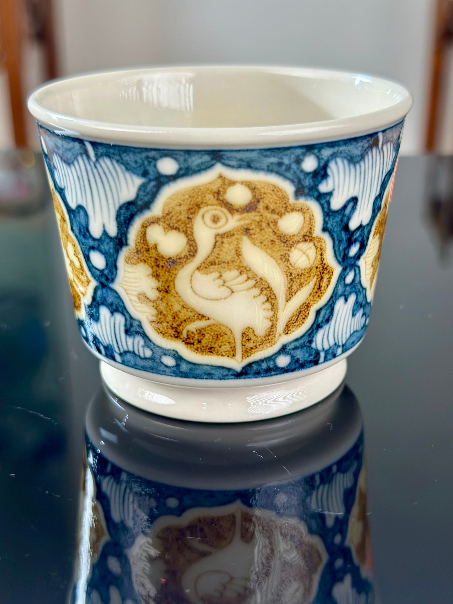 Handpainted Chinese Luxious Blue White Porcelain Underglaze Gold Youlijin Classic Heron and Lotus Pattern Masterpiece Gaiwan Teacup Set Artwork