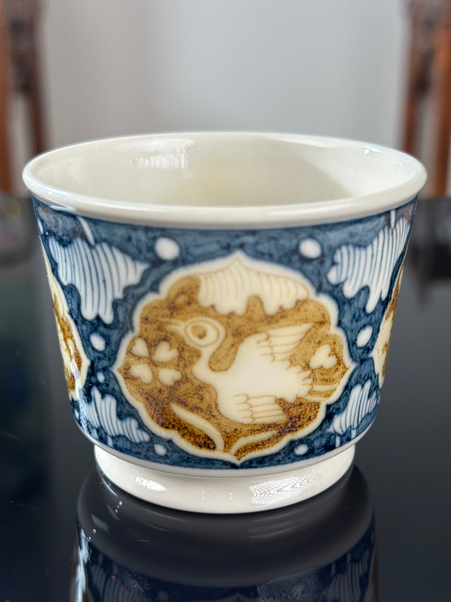 Handpainted Chinese Luxious Blue White Porcelain Underglaze Gold Youlijin Classic Heron and Lotus Pattern Masterpiece Gaiwan Teacup Set Artwork