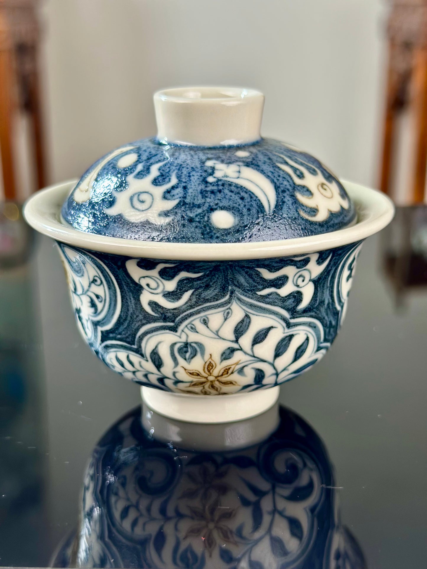 Handpainted Chinese Luxious Blue White Porcelain Underglaze Gold Youlijin Ruyi Pattern Gaiwan Set Artwork Teacup