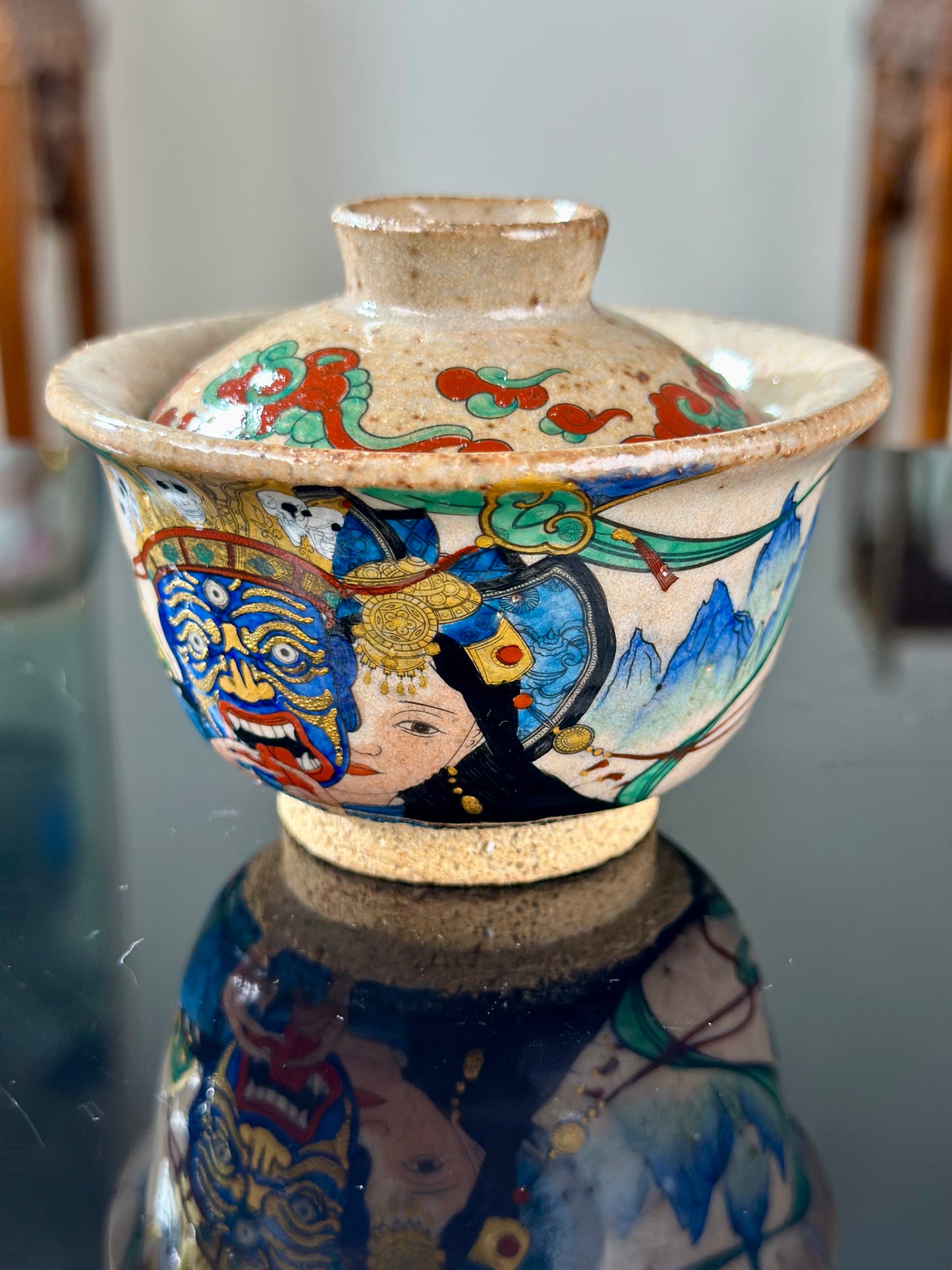 Handpainted Original Designed Chinese Tibetan Style Pottery Gaiwan Teacup Teapot Master Set
