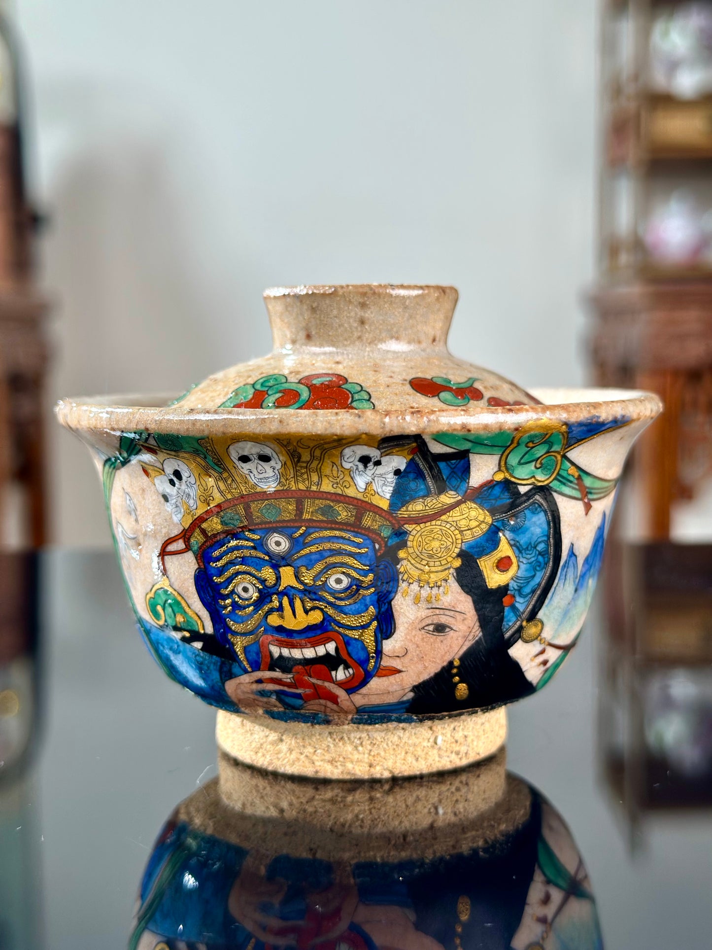 Handpainted Original Designed Chinese Tibetan Style Pottery Gaiwan Teacup Teapot Master Set
